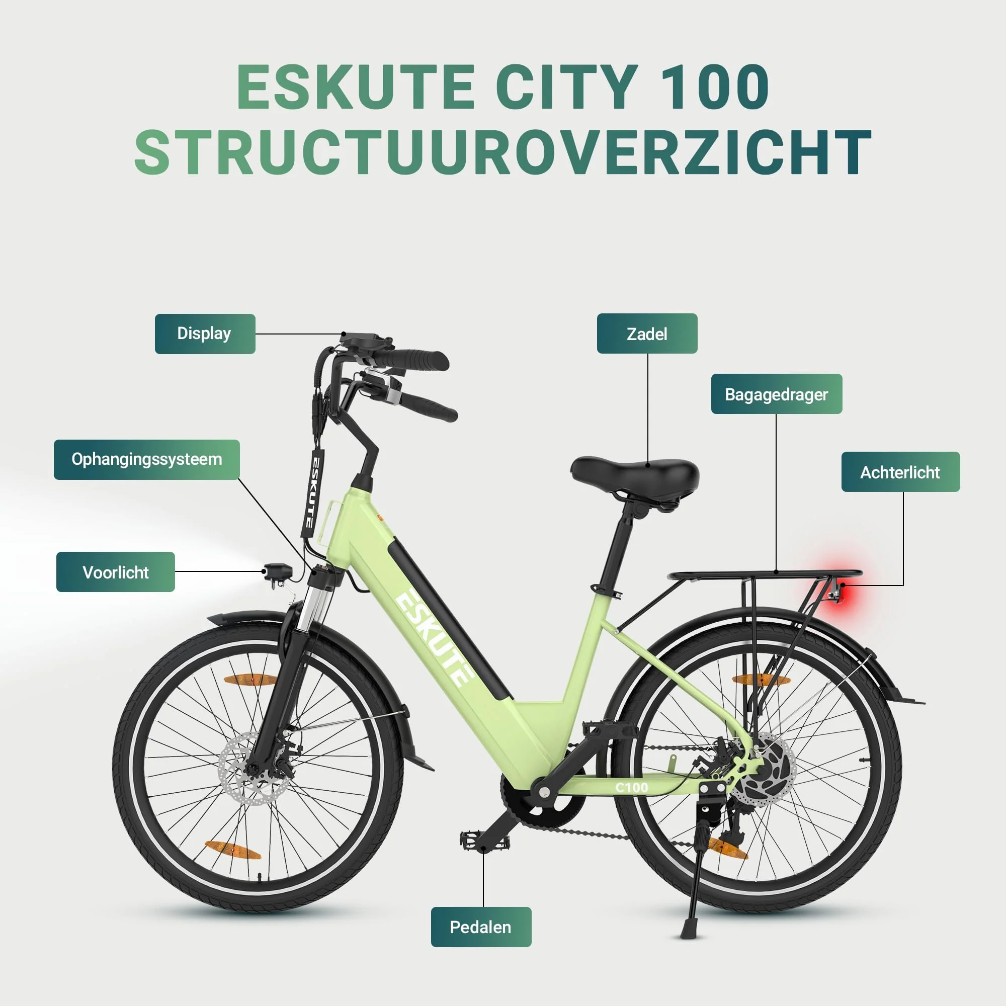 ESKUTE C100 E-Bike, 26 Zoll Elektrofahrrad, E-Cityrad 250W HeckMotor, 375Wh Wechselakku,bis zu 60km, LCD-Display, Tiefeinsteiger E-CityBike Für Damen und Herren Erwachsene Grün - Image 4