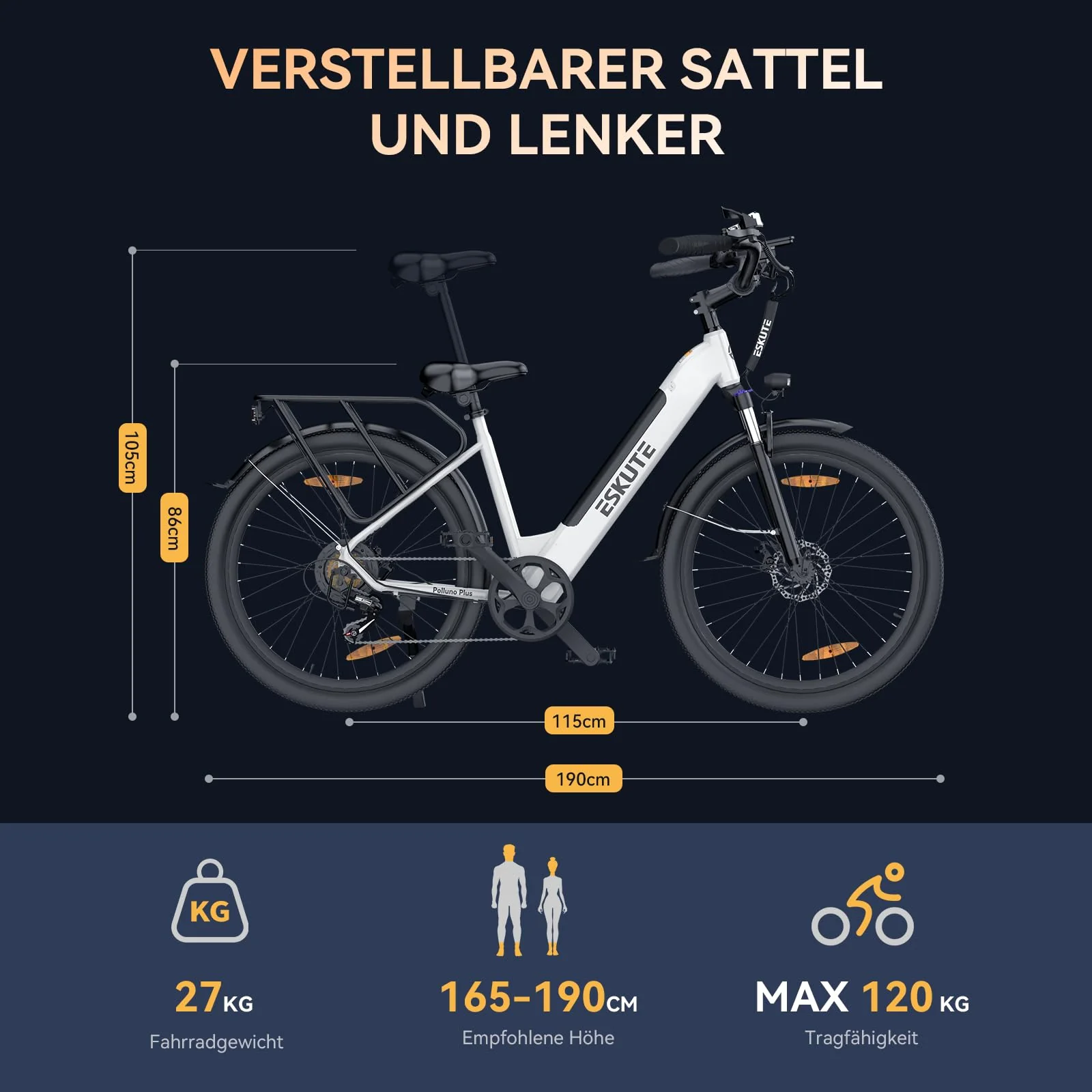 ESKUTE City E-Bike Polluno Plus, Elektrofahrrad 28 Zoll Trekkingrad E-Cityrad mit 36V, 20Ah Lithium-Akku bis zu 120KM Lange Range, Drehmomentsensor, 250W Motor, EU-konformes E Bike, Weiß - Image 2