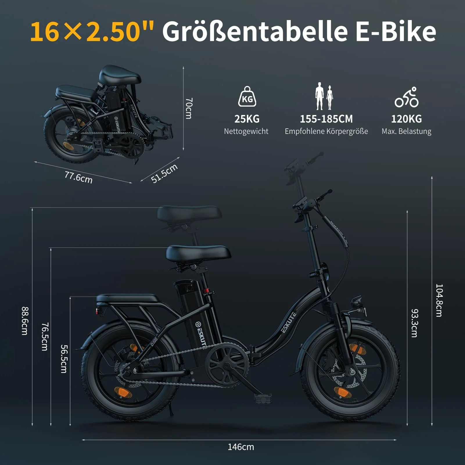 ESKUTE D100 E-Bike Klapprad 16 x 2,5 Zoll, Elektrofahrrad für Herren & Damen, Fatbike mit Abnehmbarem 36V 13Ah Akku, Lange Reichweite bis 100 km, Faltbares Pedelec für Erwachsene, Schwarz - Image 2