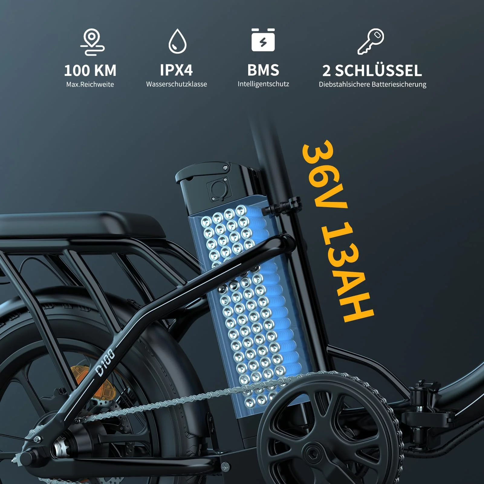 ESKUTE D100 E-Bike Klapprad 16 x 2,5 Zoll, Elektrofahrrad für Herren & Damen, Fatbike mit Abnehmbarem 36V 13Ah Akku, Lange Reichweite bis 100 km, Faltbares Pedelec für Erwachsene, Schwarz - Image 9