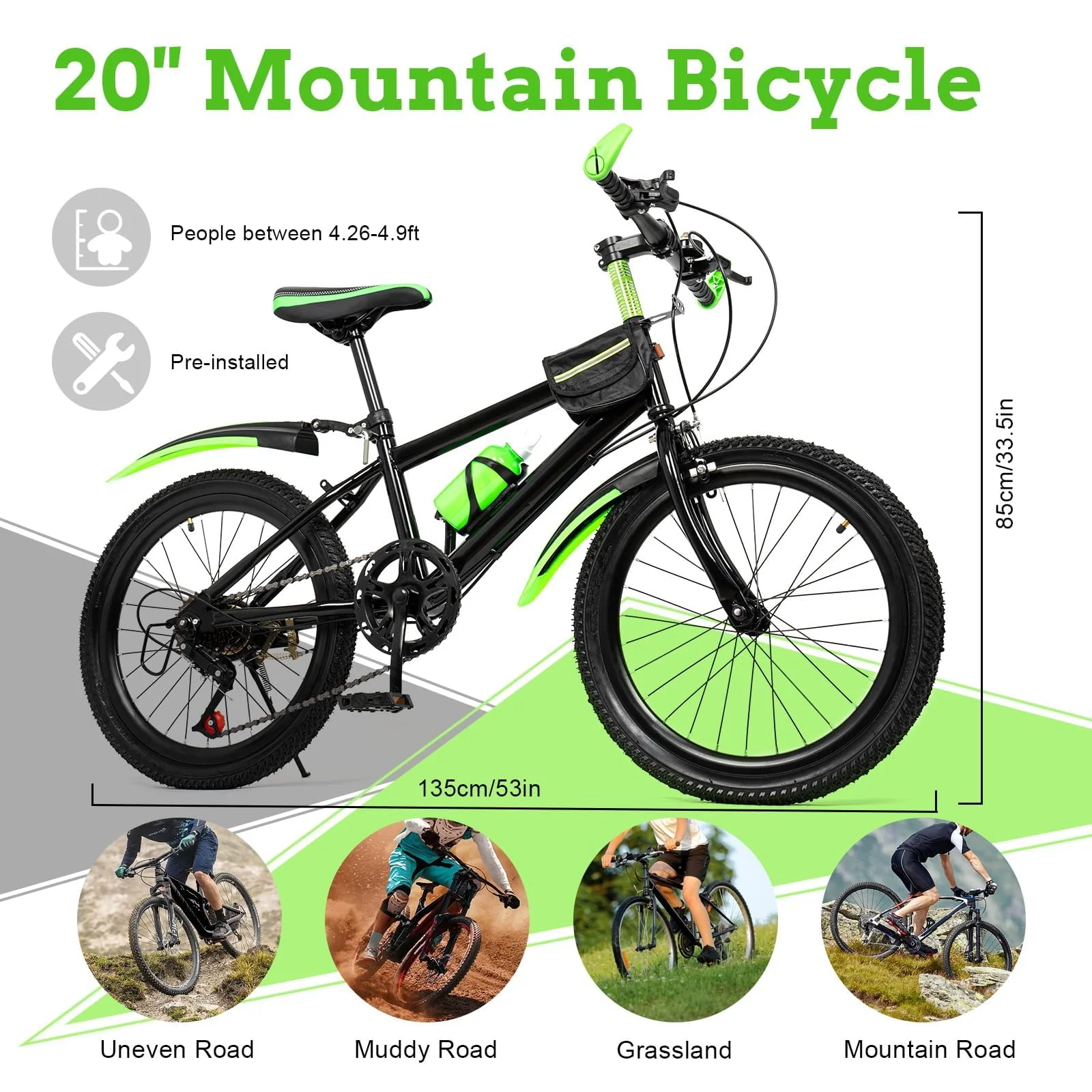 Estabeter Mountainbike Kinder Fahrrad 20 Zoll 7 Gang Mit Kotflügeln V-Bremse, Karbonstahlrahmen Aluminium Für Jungen Und Mädchen Federrad (Grüner) - Image 9
