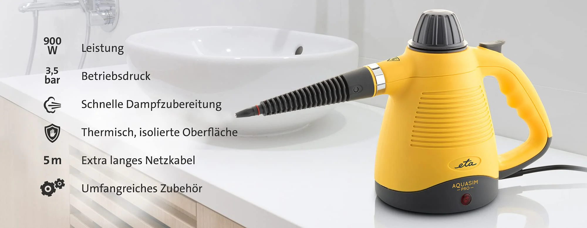 ETA Dampfreiniger Aquasim Pro - 900W, 3,5 Bar, bis-zu 10 Minuten von Dampf I Dampfente I Handdampfreiniger - Image 2