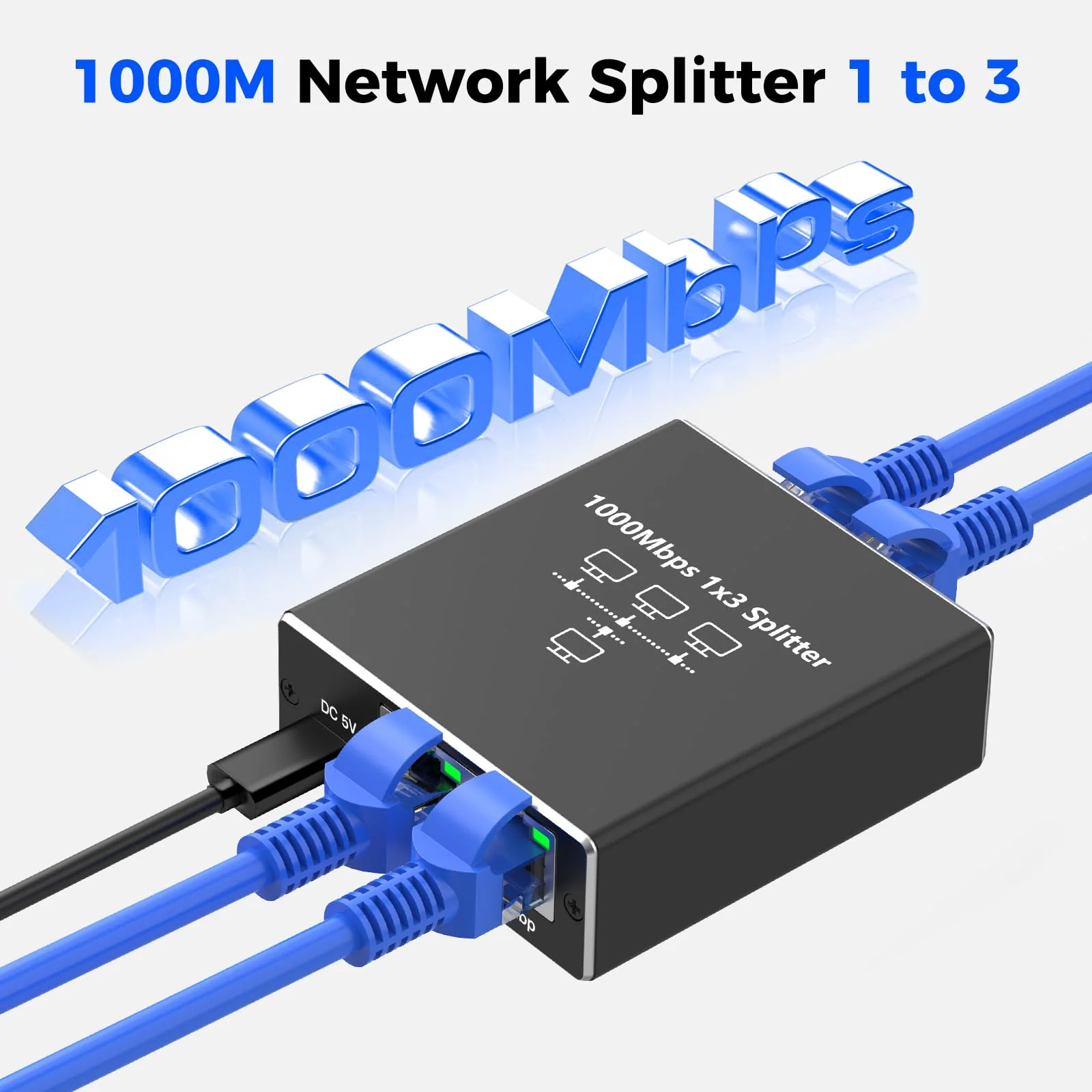 Ethernet Splitter 1 auf 3, Gigabit Netzwerk Splitter, 1000Mbps RJ45 LAN Splitter mit USB-C Stromkabel für Computer, Hub, Switch, Router, ADSL, Digital TV, etc. gleichzeitig Arbeiten (1 auf 3) - Image 2