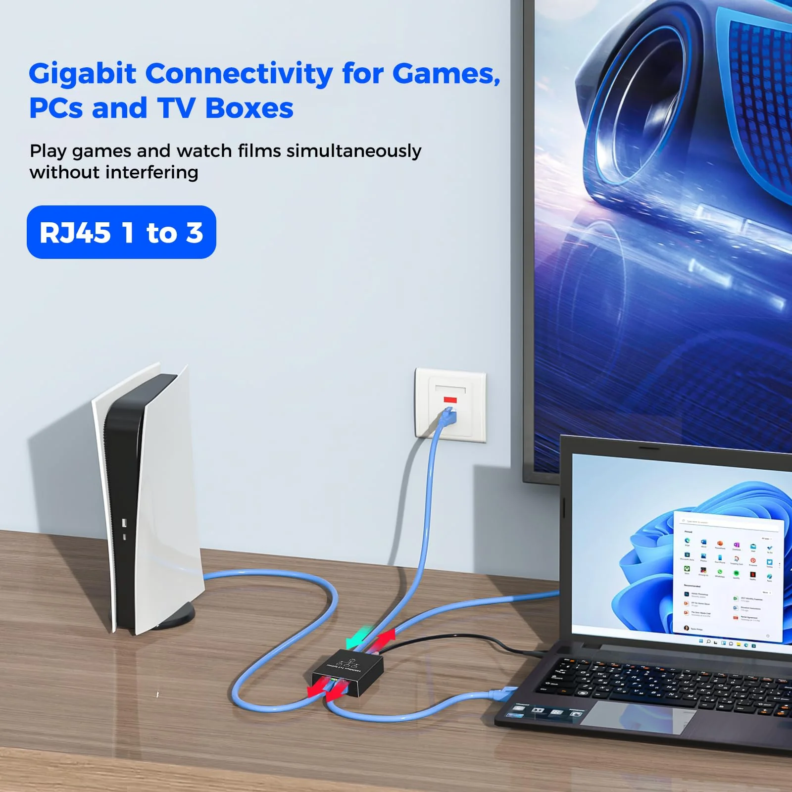 Ethernet Splitter 1 auf 3, Gigabit Netzwerk Splitter, 1000Mbps RJ45 LAN Splitter mit USB-C Stromkabel für Computer, Hub, Switch, Router, ADSL, Digital TV, etc. gleichzeitig Arbeiten (1 auf 3) - Image 3