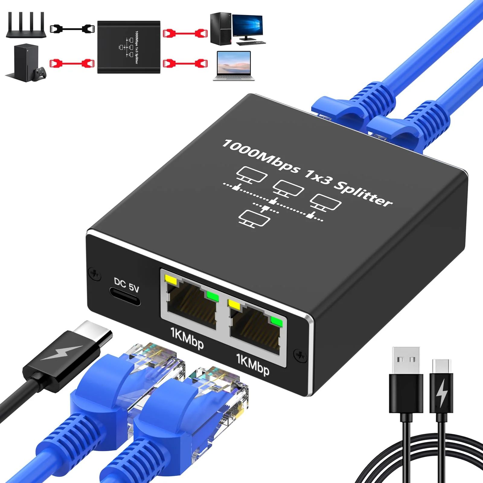 Ethernet Splitter 1 auf 3, Gigabit Netzwerk Splitter, 1000Mbps RJ45 LAN Splitter mit USB-C Stromkabel für Computer, Hub, Switch, Router, ADSL, Digital TV, etc. gleichzeitig Arbeiten (1 auf 3) - Image 4