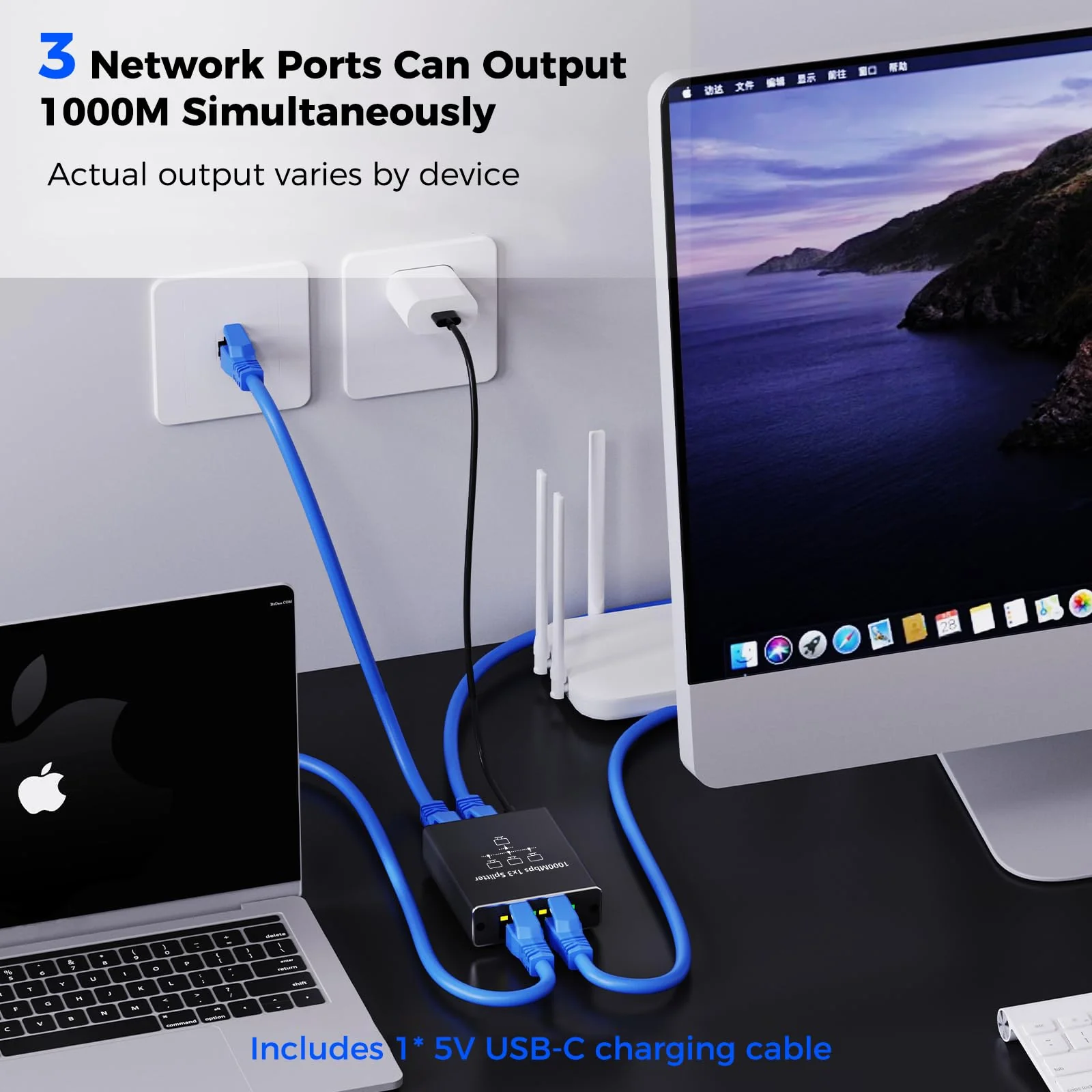 Ethernet Splitter 1 auf 3, Gigabit Netzwerk Splitter, 1000Mbps RJ45 LAN Splitter mit USB-C Stromkabel für Computer, Hub, Switch, Router, ADSL, Digital TV, etc. gleichzeitig Arbeiten (1 auf 3) - Image 5