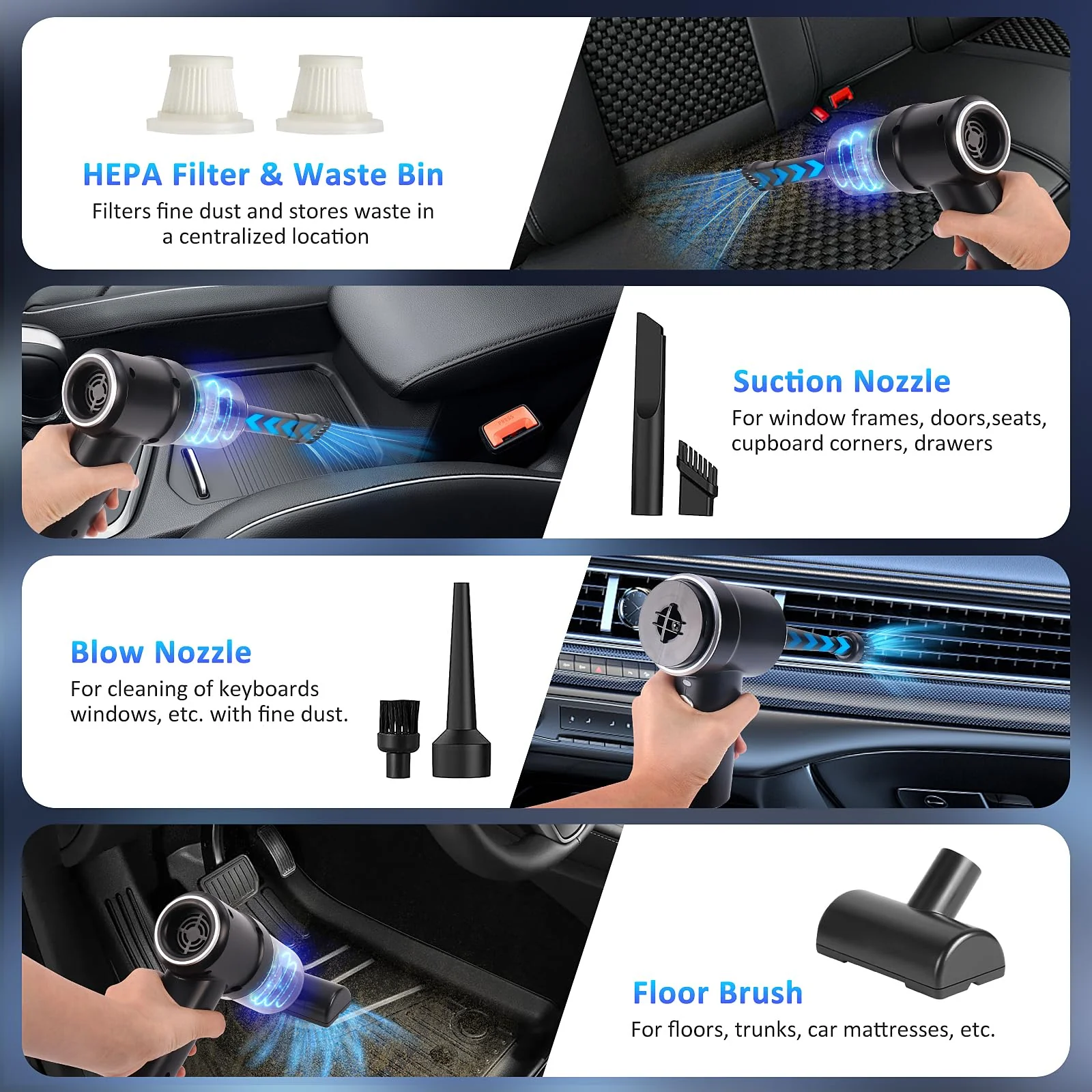 Euakee Handstaubsauger, 10000Pa Mini Auto Staubsauger Stark Tragbarer Wiederaufladbarer Handstaubsauger Akku Autostaubsauger mit 2 Filtern Kleiner Kabelloser Handstaubsauger für Auto, Haus, Küche - Image 6