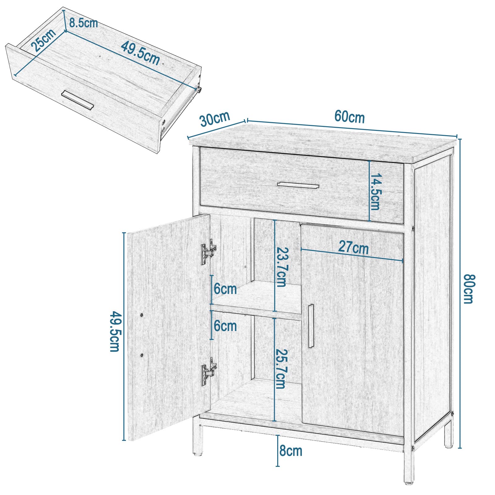 EUGAD Badezimmerschrank mit 1 Schublade 2 Türen, freistehender Badschrank, Badkommode mit verstellbarem Regal, Aufbewahrungsschrank für Wohnzimmer Küche Flur, 60x80x30 cm - Image 8