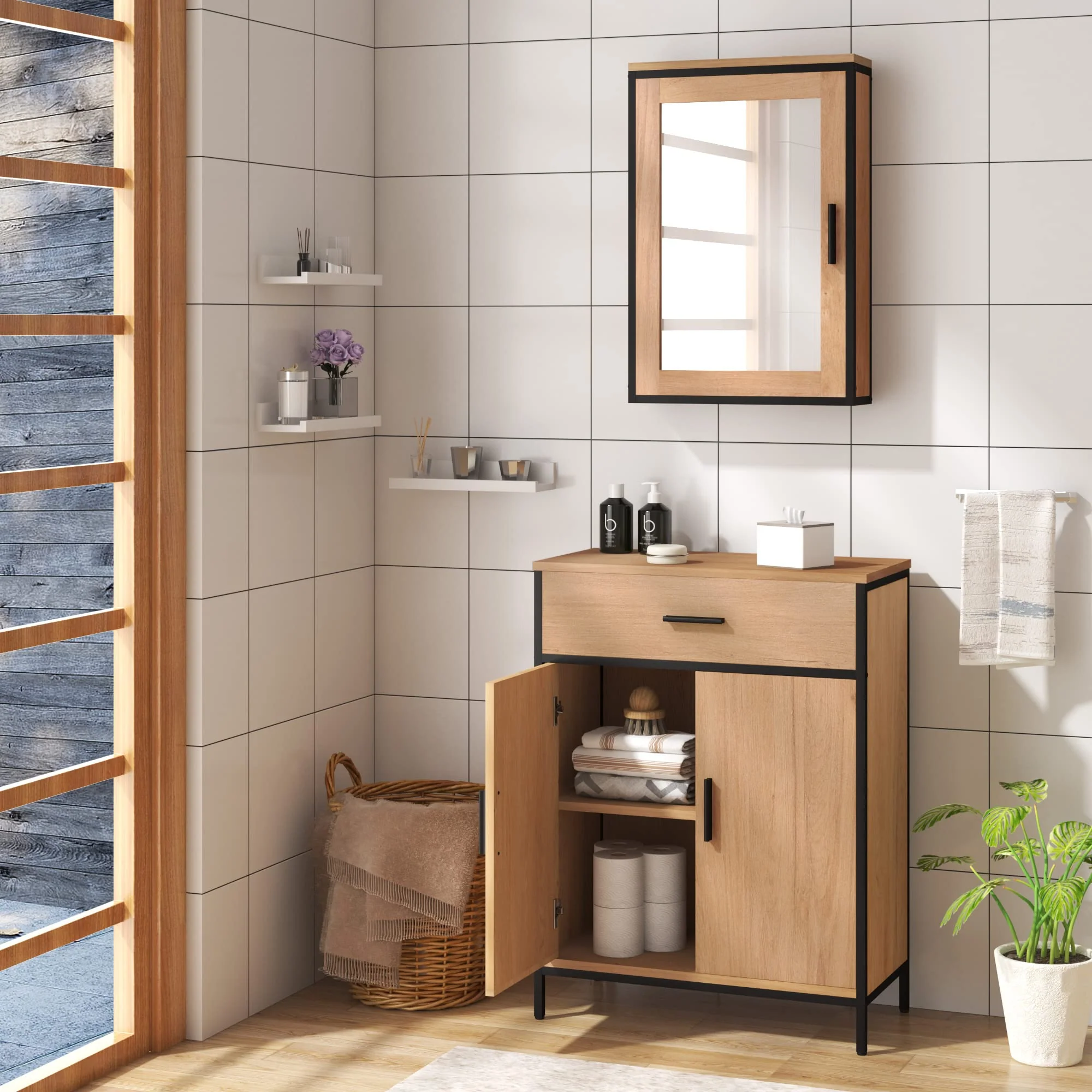 EUGAD Badezimmerschrank mit 1 Schublade 2 Türen, freistehender Badschrank, Badkommode mit verstellbarem Regal, Aufbewahrungsschrank für Wohnzimmer Küche Flur, 60x80x30 cm - Image 9