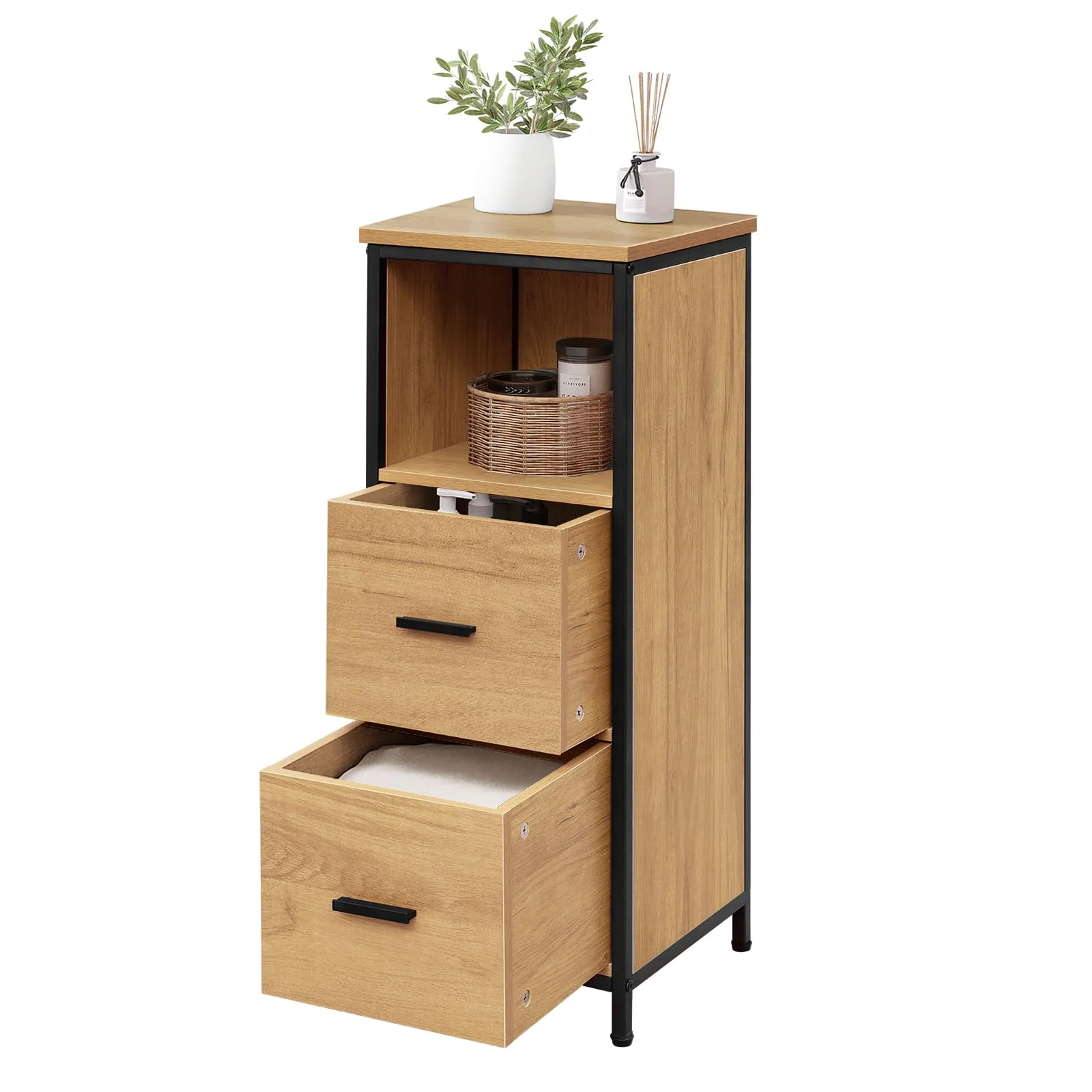 EUGAD Badezimmerschrank mit 2 abnehmbaren Schubladen, Badschrank schmal, multifunktionaler Aufbewahrungsschrank Eckschrank, Industrie Stil, mit Metallrahmen, Schwarz helle Eiche, 30x80x30 cm - Image 3