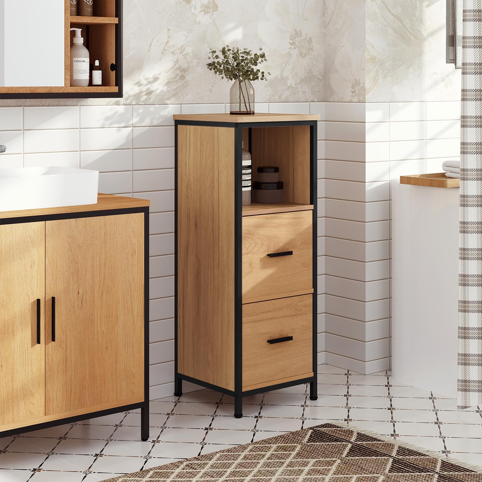 EUGAD Badezimmerschrank mit 2 abnehmbaren Schubladen, Badschrank schmal, multifunktionaler Aufbewahrungsschrank Eckschrank, Industrie Stil, mit Metallrahmen, Schwarz helle Eiche, 30x80x30 cm - Image 5
