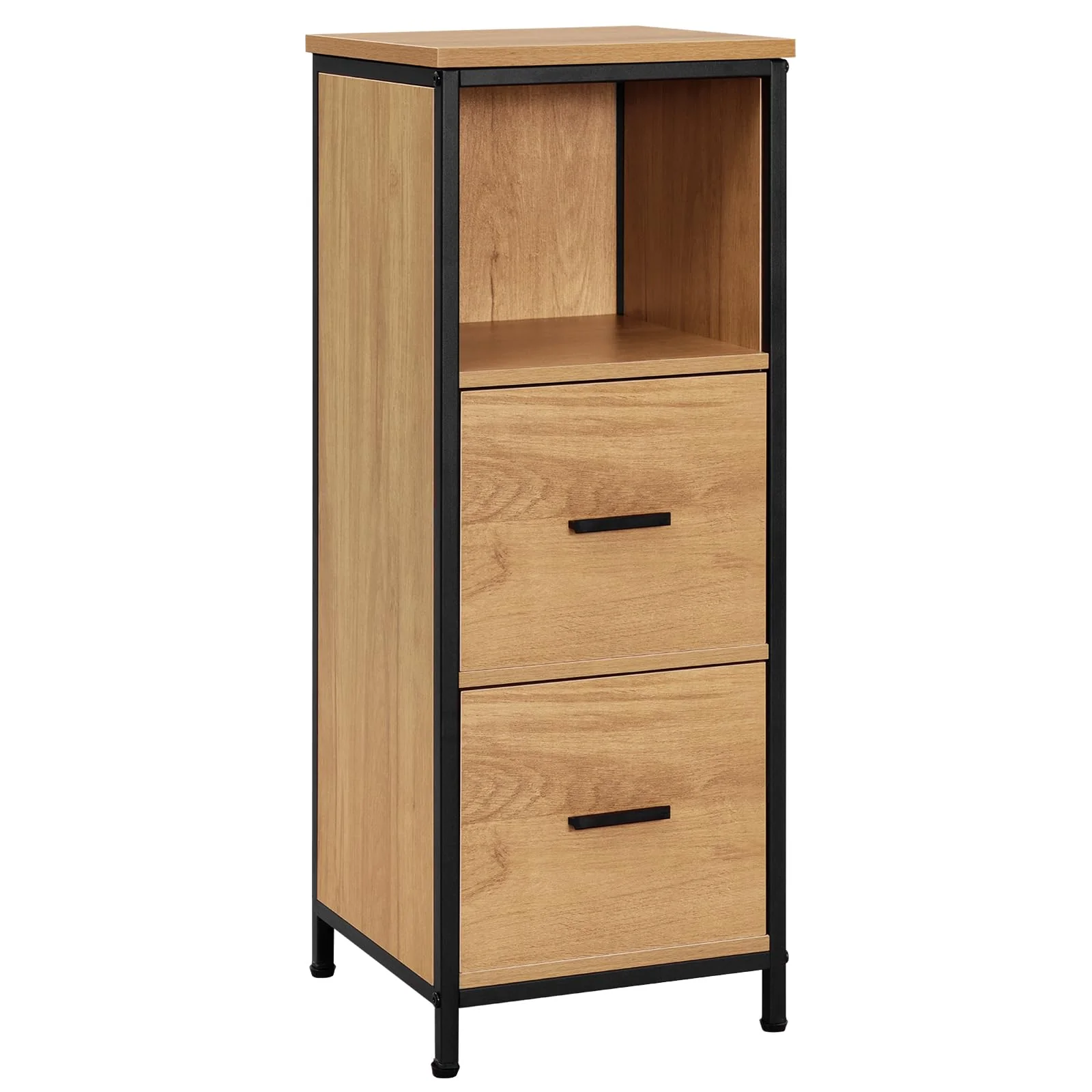 EUGAD Badezimmerschrank mit 2 abnehmbaren Schubladen, Badschrank schmal, multifunktionaler Aufbewahrungsschrank Eckschrank, Industrie Stil, mit Metallrahmen, Schwarz helle Eiche, 30x80x30 cm - Image 7