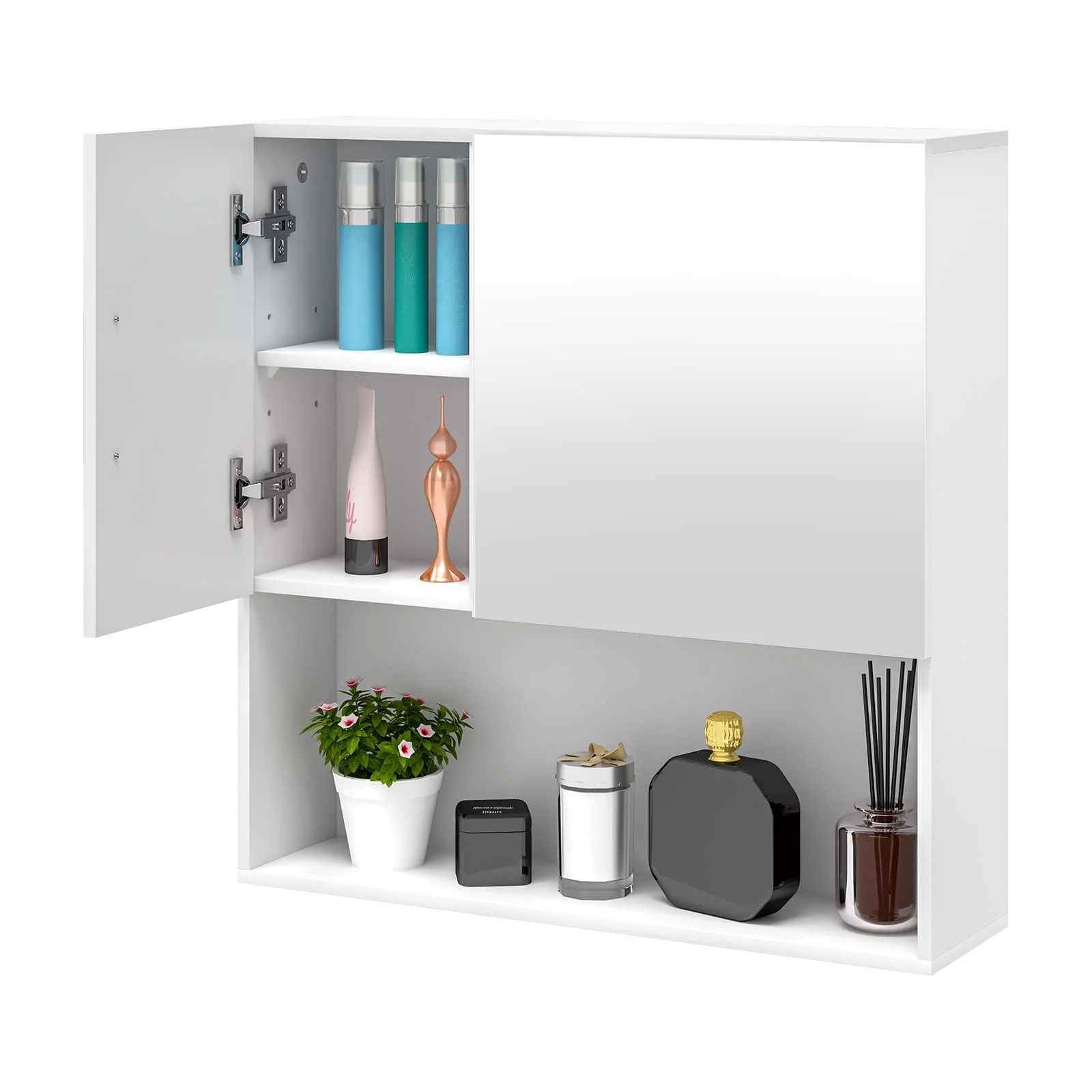EUGAD Badezimmerschrank mit Spiegel, Spiegelschrank mit Tür Metallscharnieren, Schrank mit 5 Fächern 2 verstellbaren Trennwänden, Hängeschrank aus E1-MDF, Weiß, 54x55x15 cm - Image 2