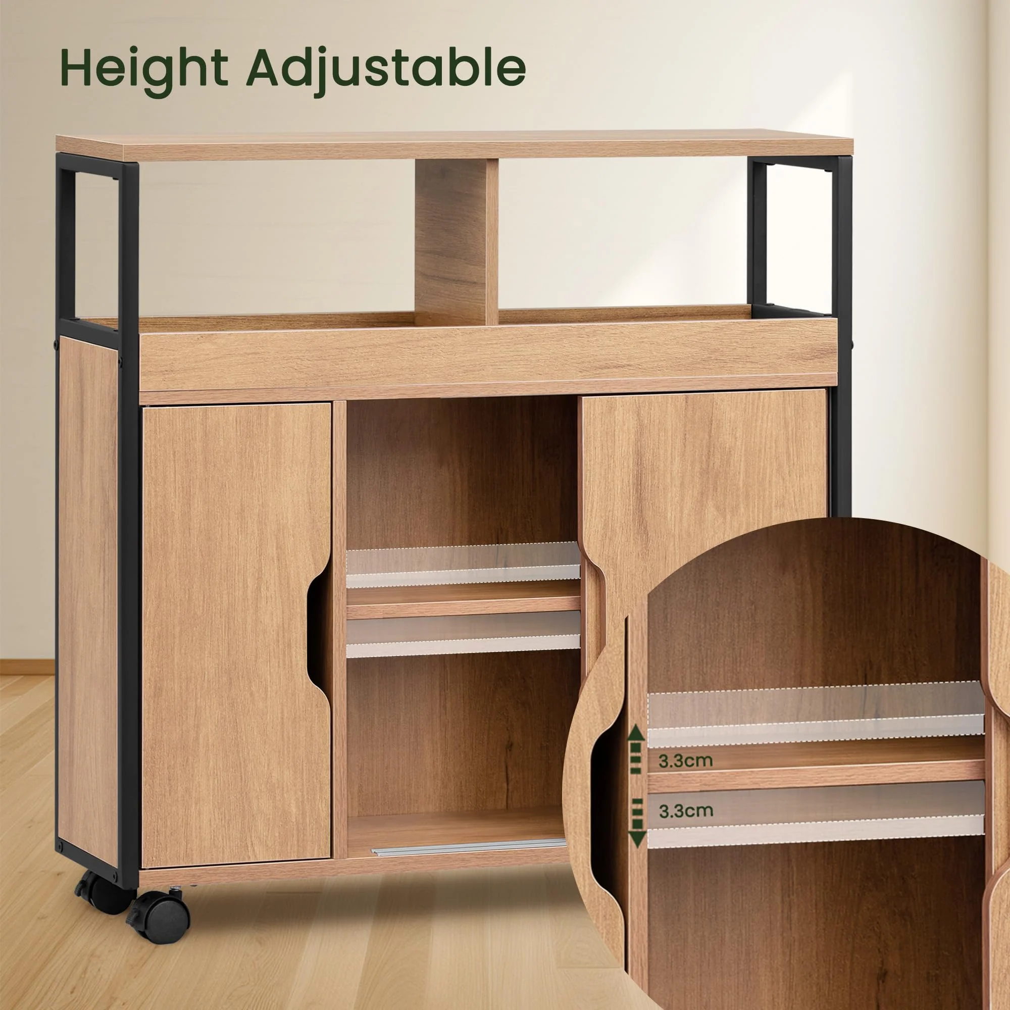 EUGAD Badezimmerschrank, Nischenschrank schmal, Badschrank mit 2 offenen Fächern, Verstellbarer Ablage, Schiebetüren, Nischenregal mit Rollen, 70x70x20 cm, schwarz helle Eiche - Image 5