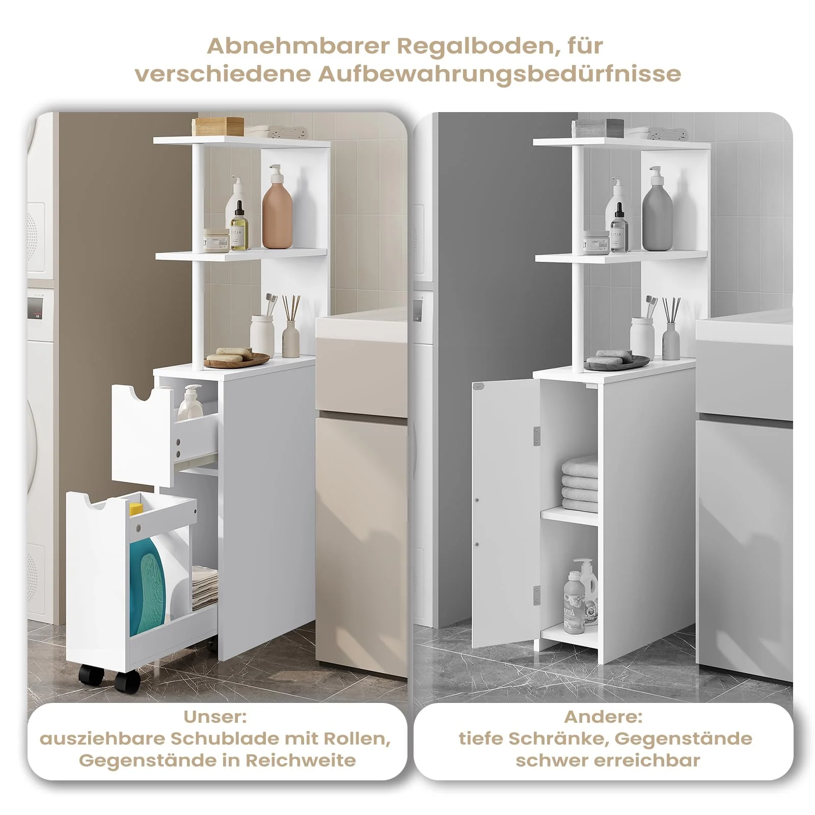 EUGAD Nischenschrank Badezimmer, mit Schublade auf Rollen, offenen Ablagen, Badschrank Badezimmerschrank schmal, Seitenschrank Küchenschrank Mehrzweckschrank, Weiß, 19x113x45 cm (BxHxT) - Image 2