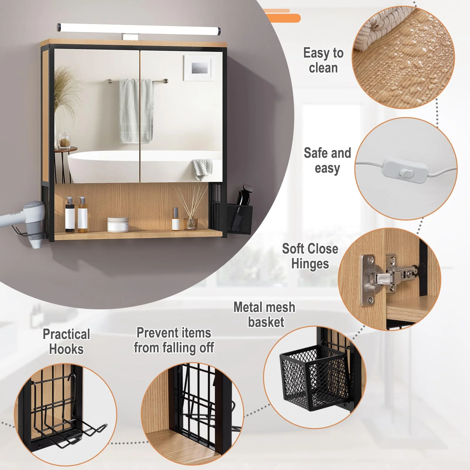 EUGAD Spiegelschrank Bad mit Beleuchtung, Badezimmerschrank mit Spiegel, Badschrank hängend, mit Verstellbarer Ablage Halter Korb, aus Metall MDF, schwarz + helle Eiche