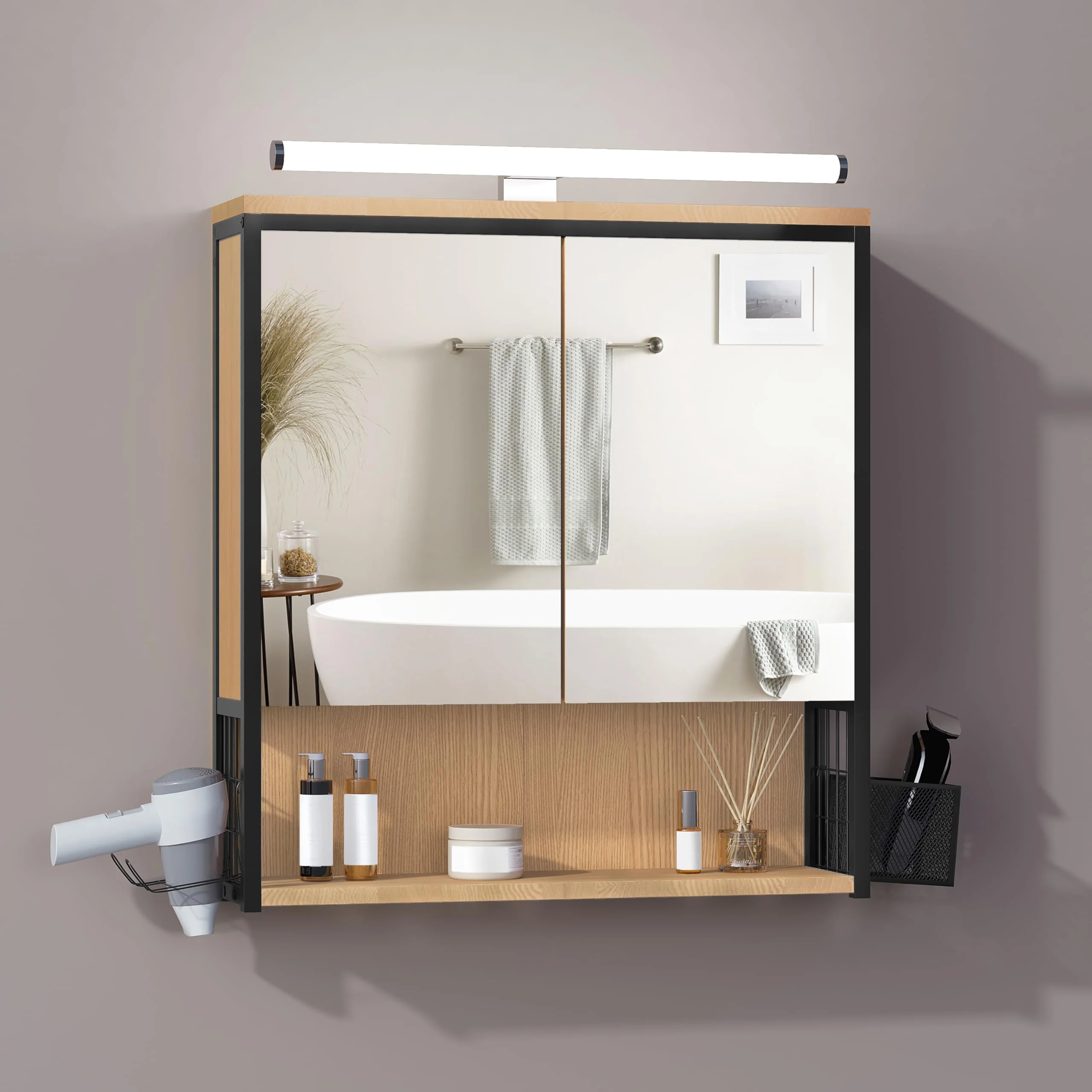 EUGAD Spiegelschrank Bad mit Beleuchtung, Badezimmerschrank mit Spiegel, Badschrank hängend, mit Verstellbarer Ablage Halter Korb, aus Metall MDF, schwarz + helle Eiche - Image 4