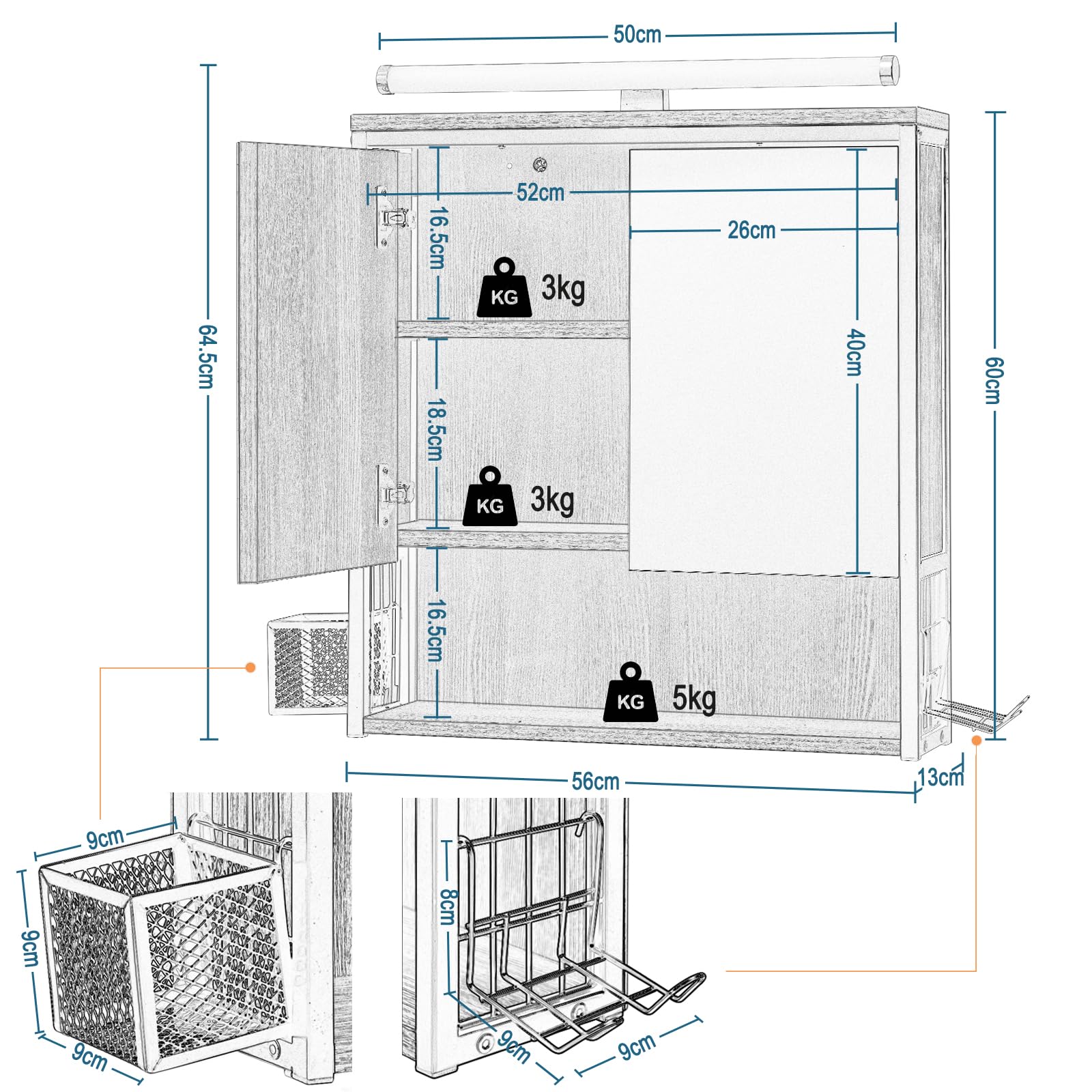 EUGAD Spiegelschrank Bad mit Beleuchtung, Badezimmerschrank mit Spiegel, Badschrank hängend, mit Verstellbarer Ablage Halter Korb, aus Metall MDF, schwarz + helle Eiche - Image 6