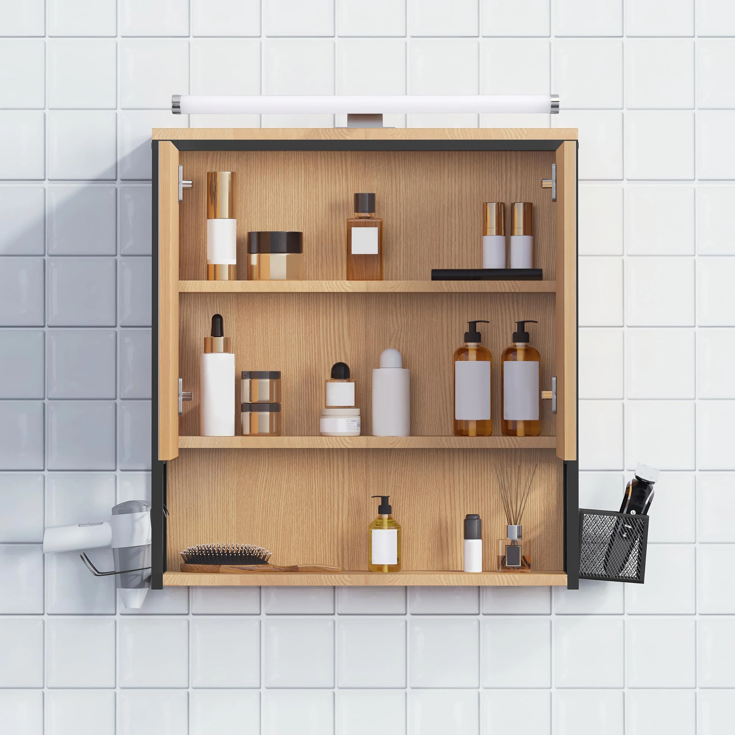 EUGAD Spiegelschrank Bad mit Beleuchtung, Badezimmerschrank mit Spiegel, Badschrank hängend, mit Verstellbarer Ablage Halter Korb, aus Metall MDF, schwarz + helle Eiche - Image 7