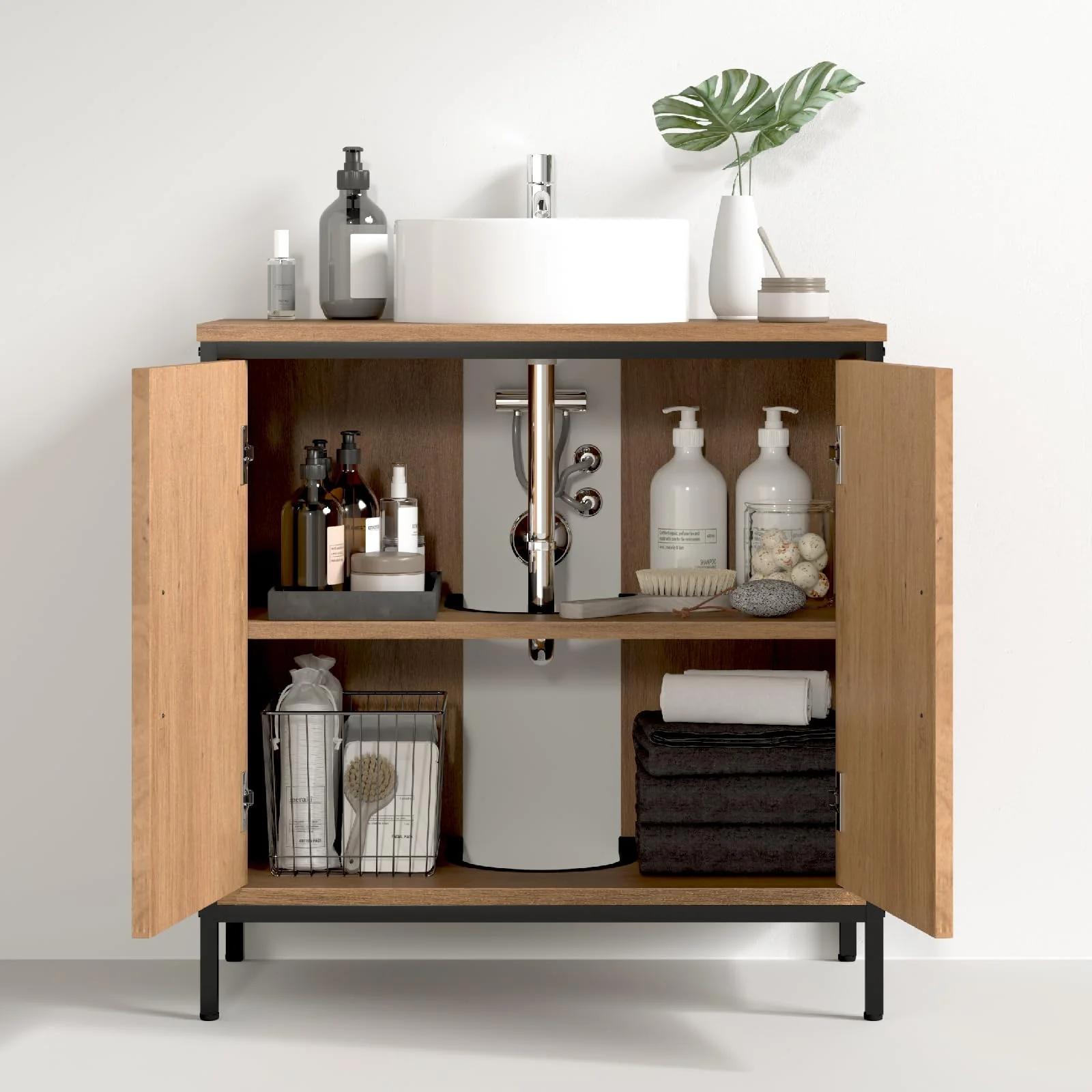 EUGAD Waschbeckenunterschrank 60x60x30 cm, Badezimmerschrank mit höhenverstellbarer Trennwand, Kleiner Schrank im Badezimmer, Badschrank aus Holzwerkstoff Metall, Schwarz