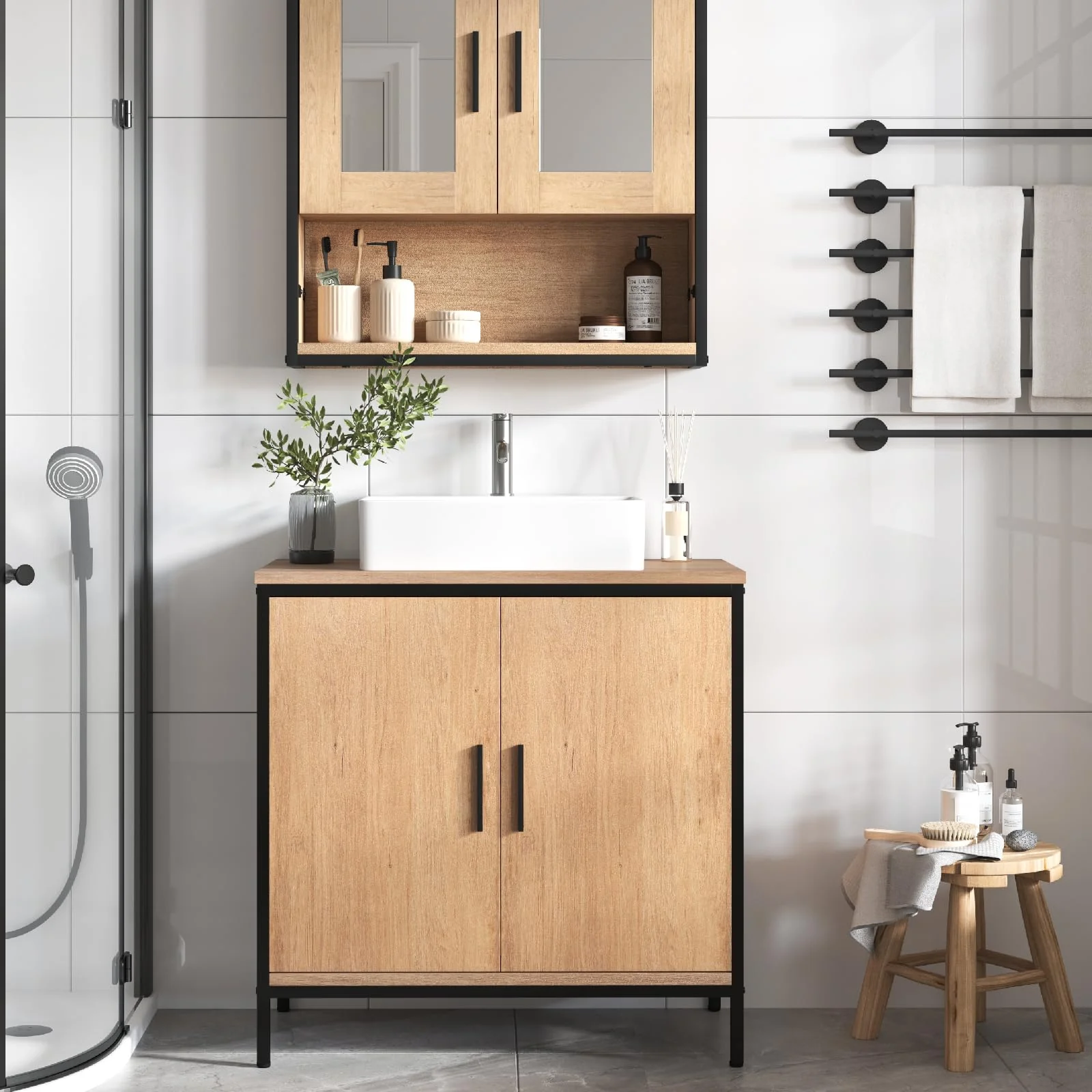 EUGAD Waschbeckenunterschrank 60x60x30 cm, Badezimmerschrank mit höhenverstellbarer Trennwand, Kleiner Schrank im Badezimmer, Badschrank aus Holzwerkstoff Metall, Schwarz - Image 2