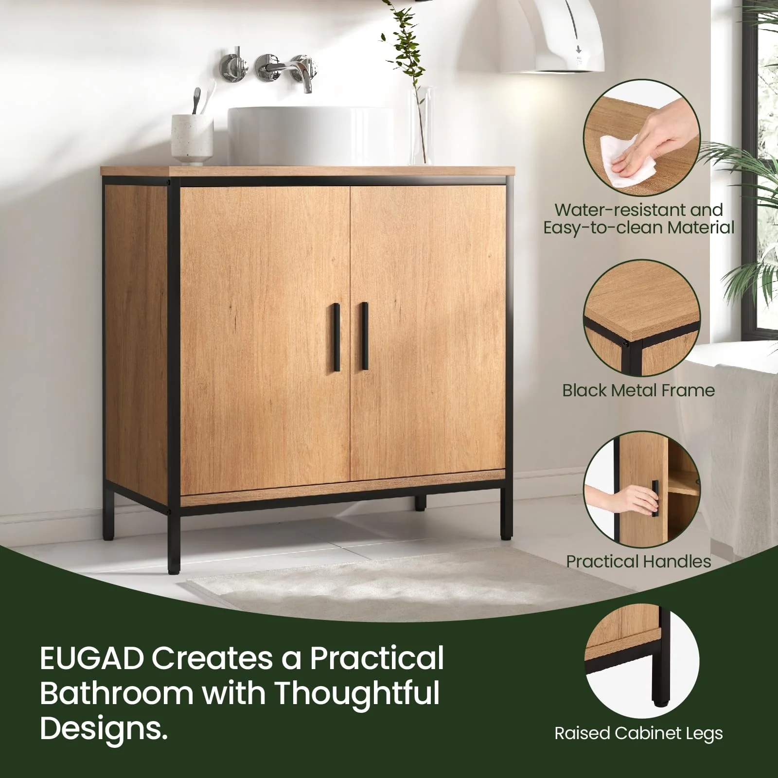 EUGAD Waschbeckenunterschrank 60x60x30 cm, Badezimmerschrank mit höhenverstellbarer Trennwand, Kleiner Schrank im Badezimmer, Badschrank aus Holzwerkstoff Metall, Schwarz - Image 3