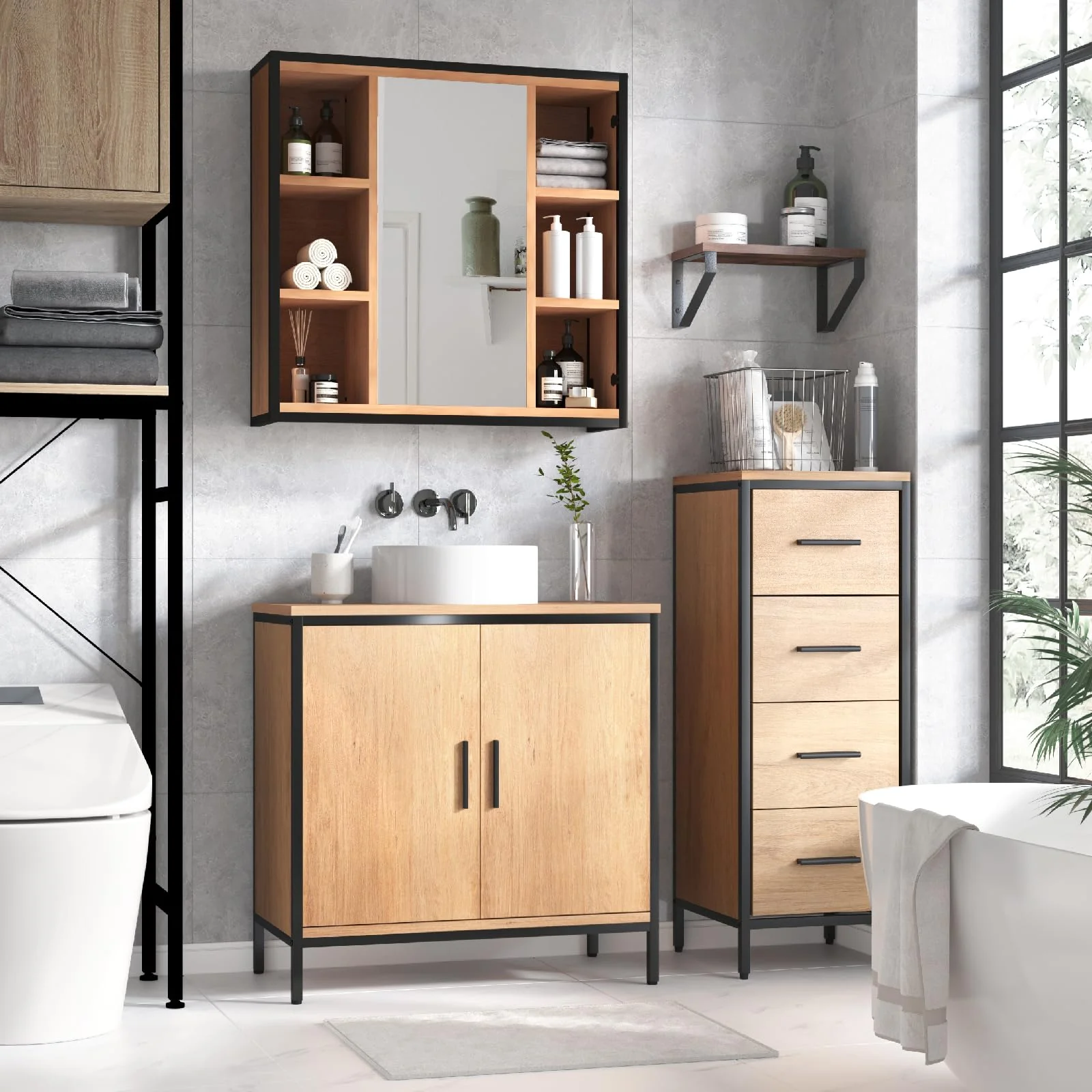 EUGAD Waschbeckenunterschrank 60x60x30 cm, Badezimmerschrank mit höhenverstellbarer Trennwand, Kleiner Schrank im Badezimmer, Badschrank aus Holzwerkstoff Metall, Schwarz - Image 6