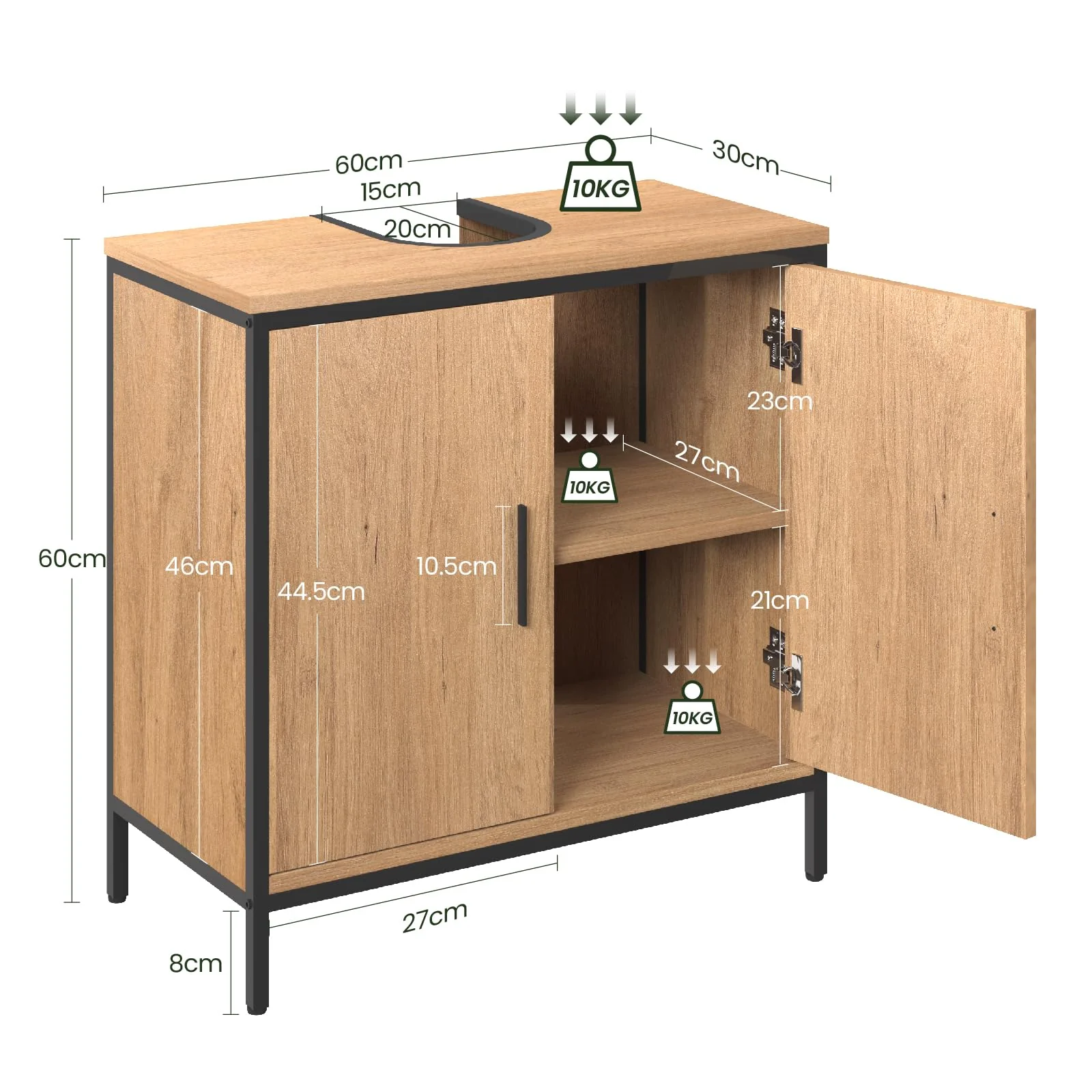 EUGAD Waschbeckenunterschrank 60x60x30 cm, Badezimmerschrank mit höhenverstellbarer Trennwand, Kleiner Schrank im Badezimmer, Badschrank aus Holzwerkstoff Metall, Schwarz - Image 7