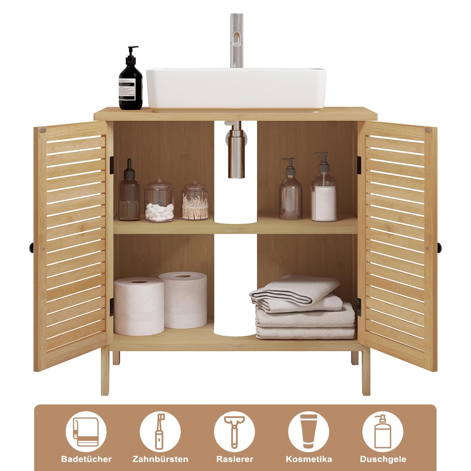 EUGAD Waschbeckenunterschrank, Badezimmer Unterschrank, aus natürlichem Material, Waschtischunterschrank, Badezimmerschrank mit 2 Lamellentüren 1 Verstellbarer Ablage, 60x60x30 cm - Image 5