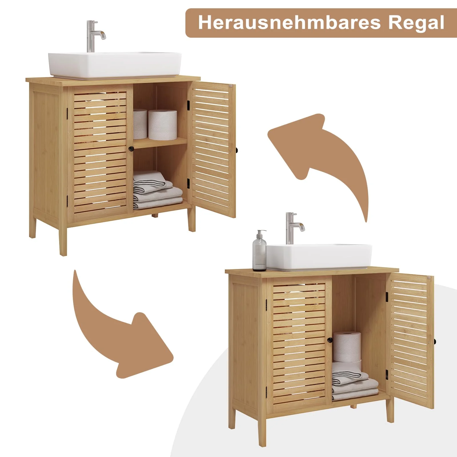 EUGAD Waschbeckenunterschrank, Badezimmer Unterschrank, aus natürlichem Material, Waschtischunterschrank, Badezimmerschrank mit 2 Lamellentüren 1 Verstellbarer Ablage, 60x60x30 cm - Image 9