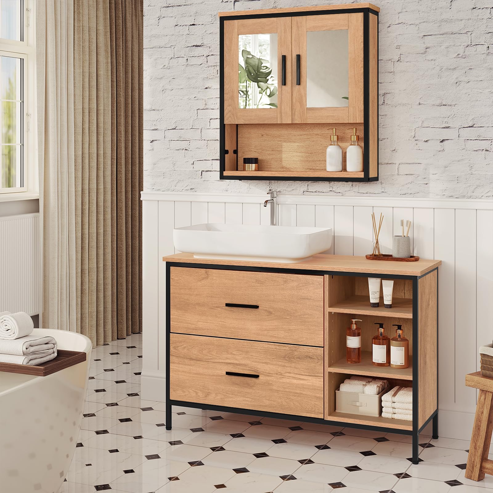 EUGAD Waschbeckenunterschrank, Badezimmerschrank mit 2 Schubladen 3 offenen Fächern, Unterschrank mit verstellbaren Ablagen, freistehender Waschtischunterschrank, 90x60x30 cm - Image 5