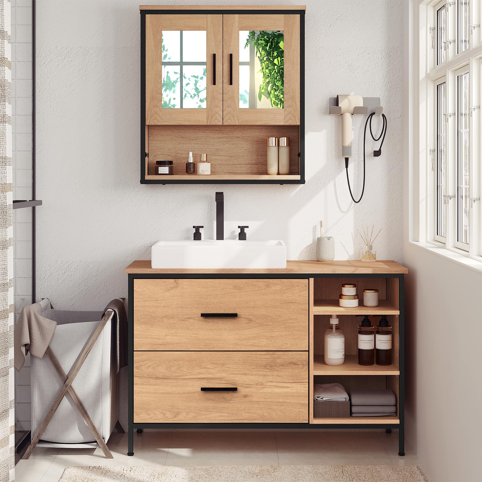 EUGAD Waschbeckenunterschrank, Badezimmerschrank mit 2 Schubladen 3 offenen Fächern, Unterschrank mit verstellbaren Ablagen, freistehender Waschtischunterschrank, 90x60x30 cm - Image 6