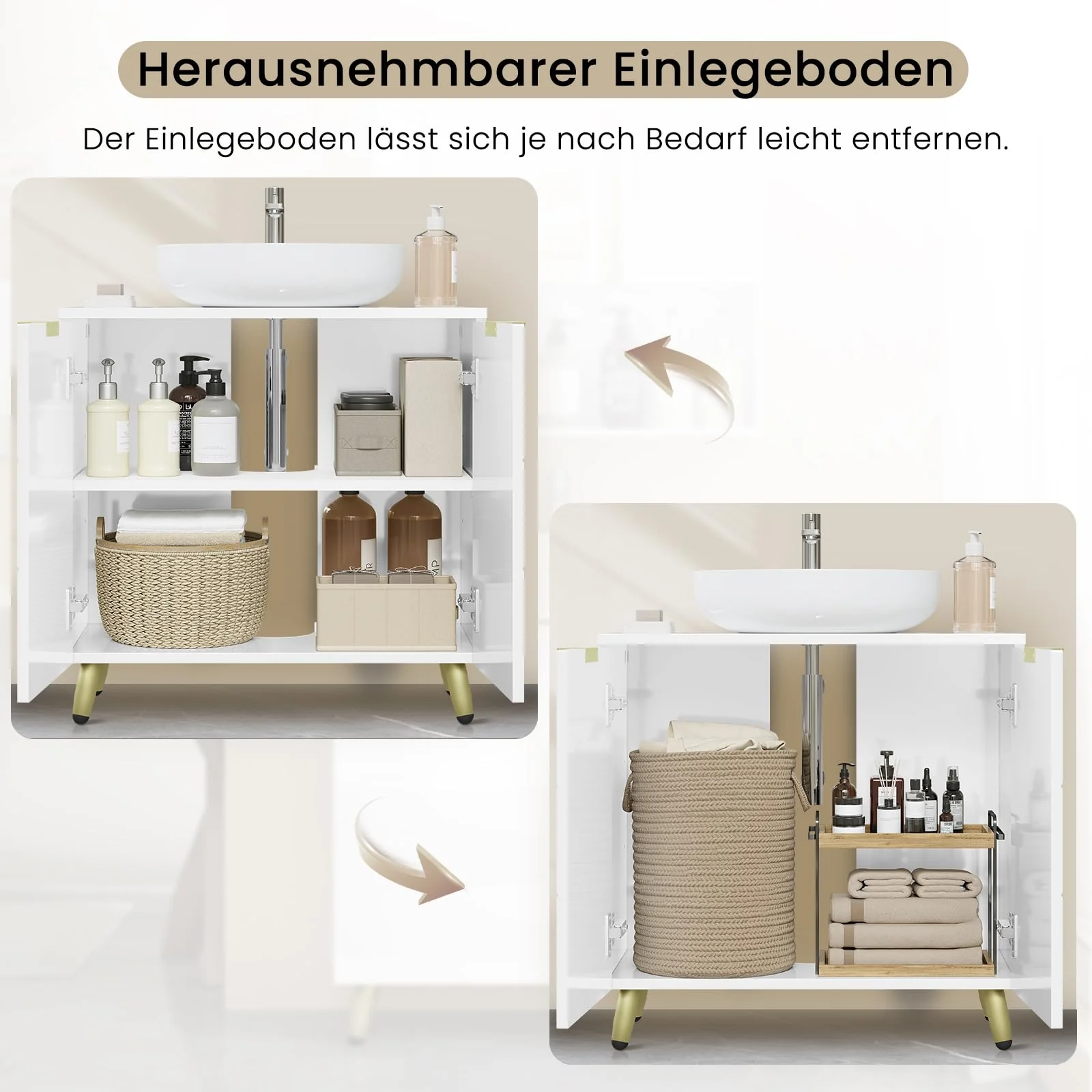 EUGAD Waschbeckenunterschrank, Unterschrank, Waschtischunterschrank, Badezimmerschrank, Badschrank, weiß Hochglanz, mit 2 Türen, Beinen, verstellbare Ablage, freistehend, 60x60x30 cm