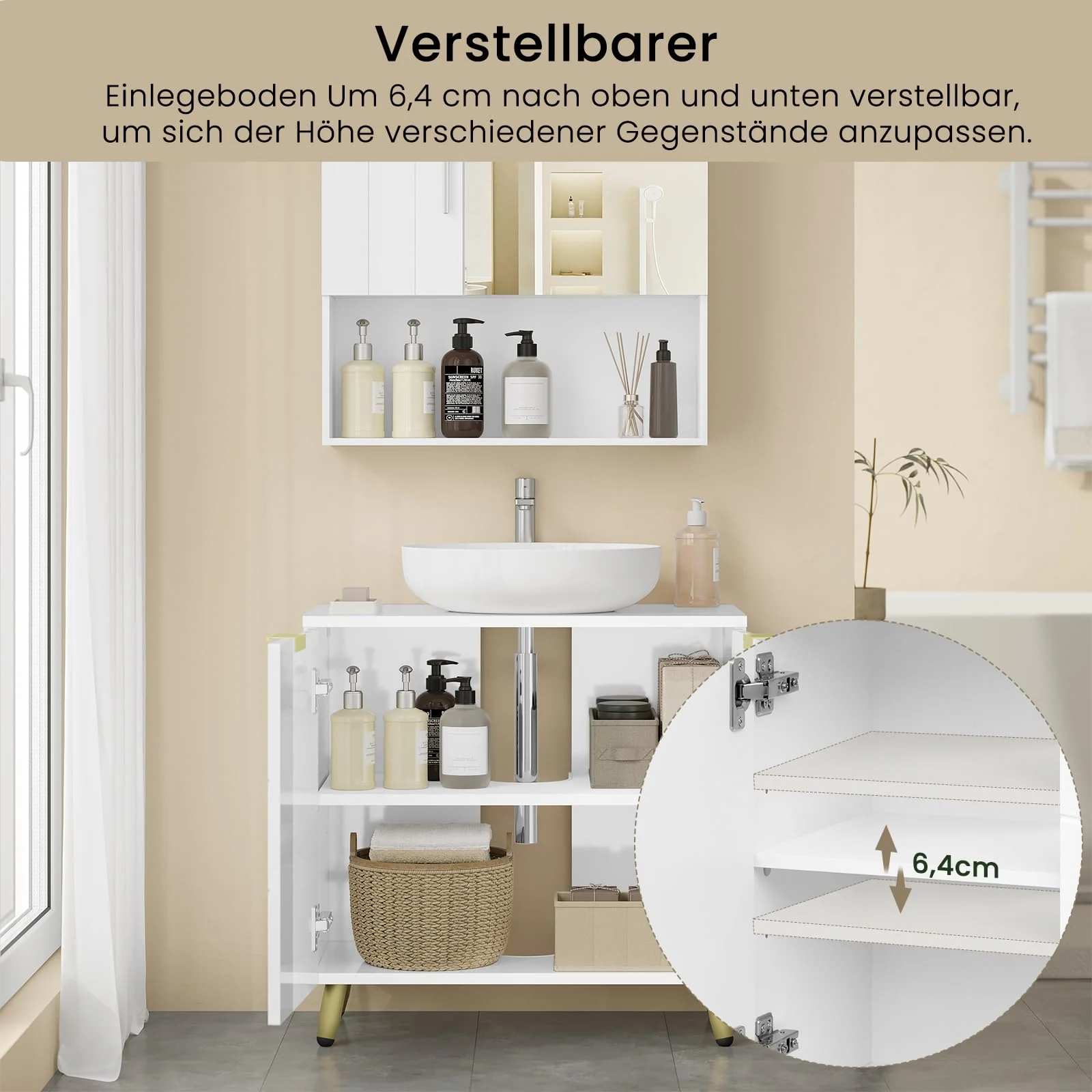 EUGAD Waschbeckenunterschrank, Unterschrank, Waschtischunterschrank, Badezimmerschrank, Badschrank, weiß Hochglanz, mit 2 Türen, Beinen, verstellbare Ablage, freistehend, 60x60x30 cm - Image 2