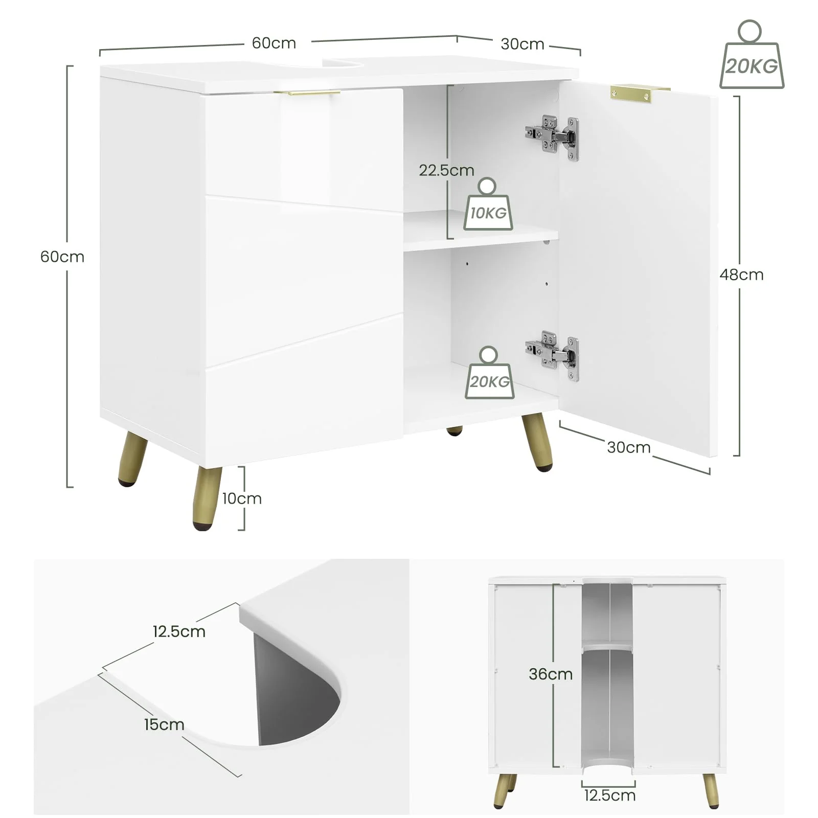 EUGAD Waschbeckenunterschrank, Unterschrank, Waschtischunterschrank, Badezimmerschrank, Badschrank, weiß Hochglanz, mit 2 Türen, Beinen, verstellbare Ablage, freistehend, 60x60x30 cm - Image 3