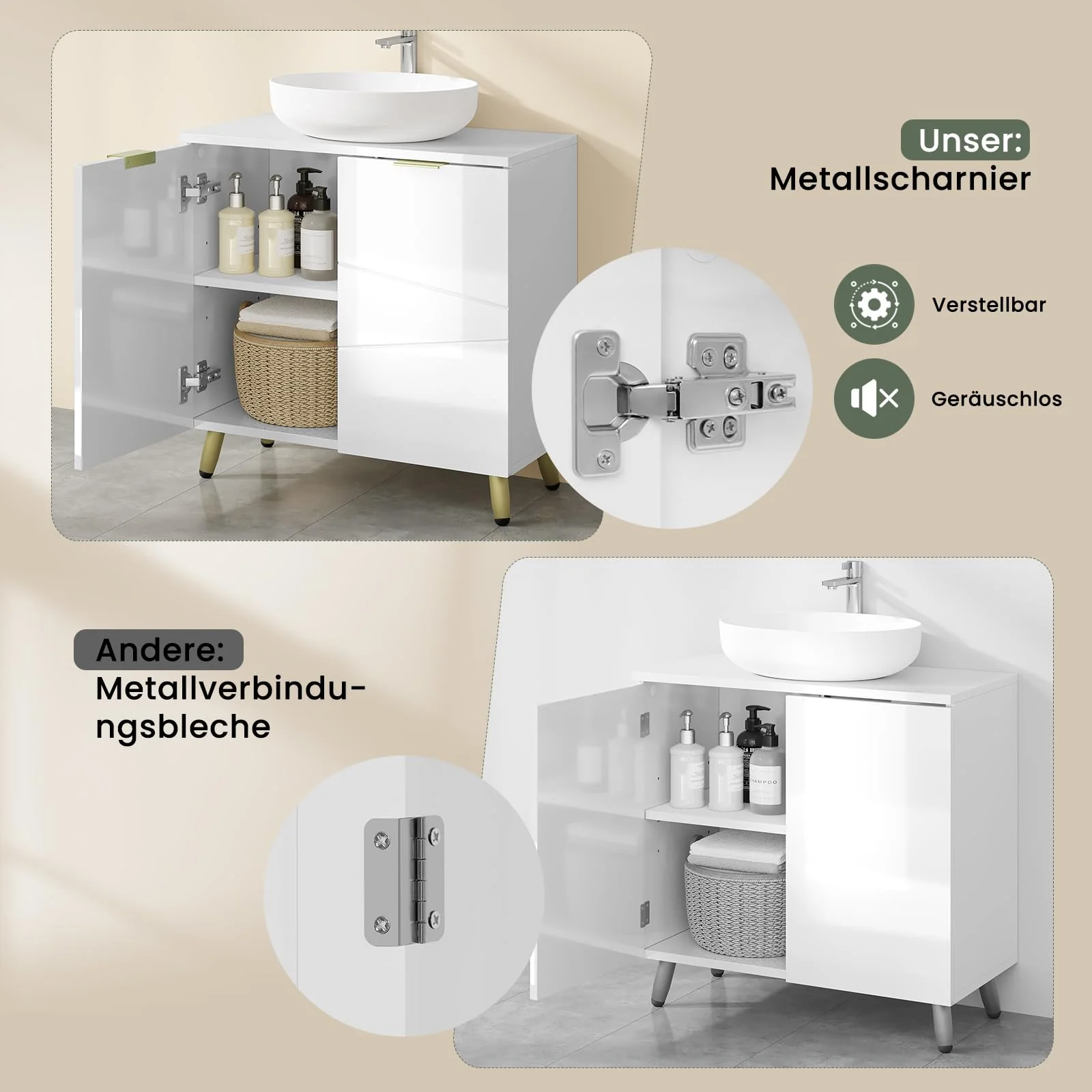 EUGAD Waschbeckenunterschrank, Unterschrank, Waschtischunterschrank, Badezimmerschrank, Badschrank, weiß Hochglanz, mit 2 Türen, Beinen, verstellbare Ablage, freistehend, 60x60x30 cm - Image 6