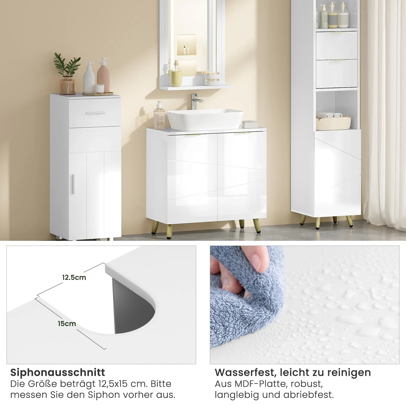 EUGAD Waschbeckenunterschrank, Unterschrank, Waschtischunterschrank, Badezimmerschrank, Badschrank, weiß Hochglanz, mit 2 Türen, Beinen, verstellbare Ablage, freistehend, 60x60x30 cm - Image 8