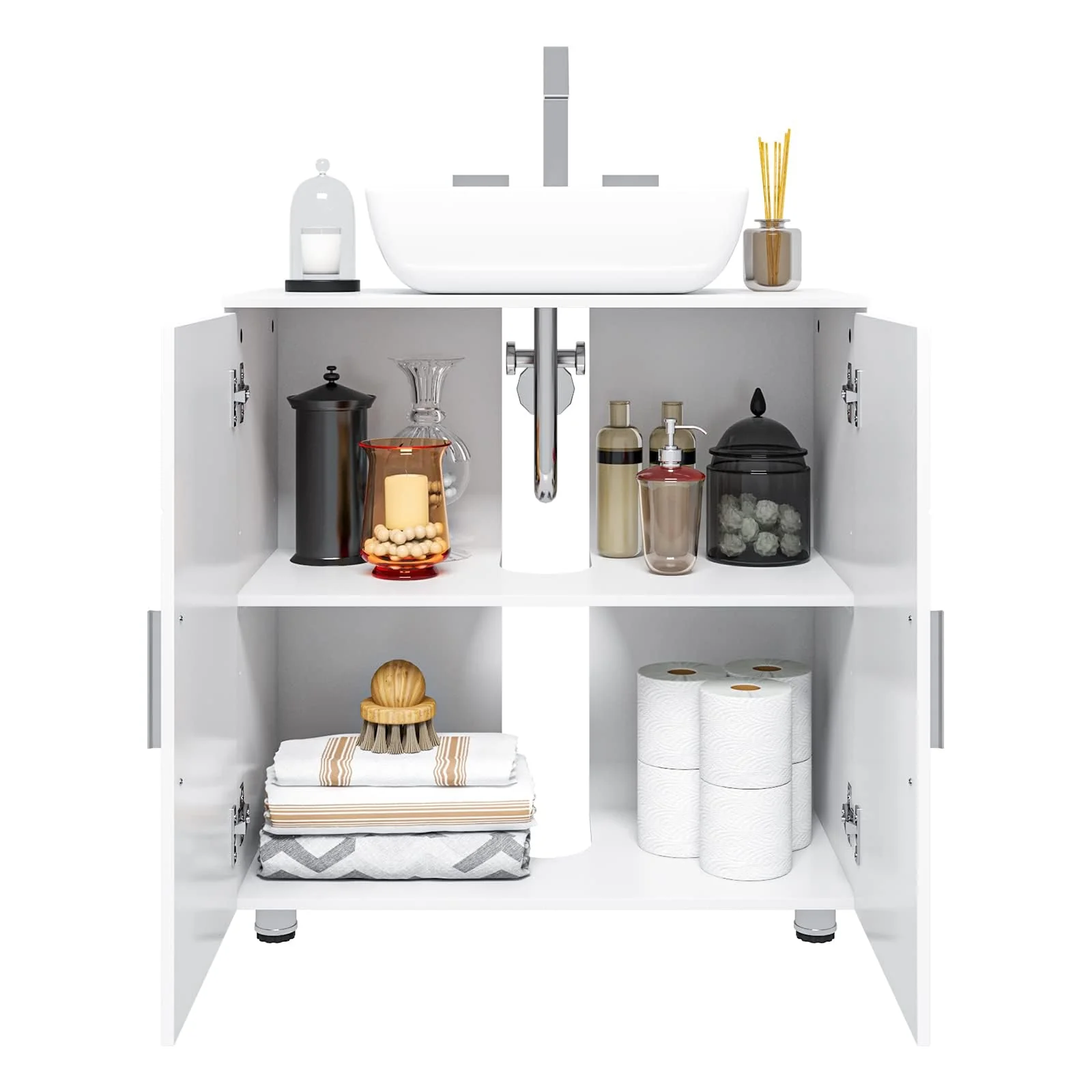 EUGAD Waschbeckenunterschrank,Unterschrank, Waschtischunterschrank, Badezimmerschrank mit 2 Türen,Verstellbarer Trennwand, Metallscharnieren, Landhausstil Weiß 60x60x30 cm - Image 6