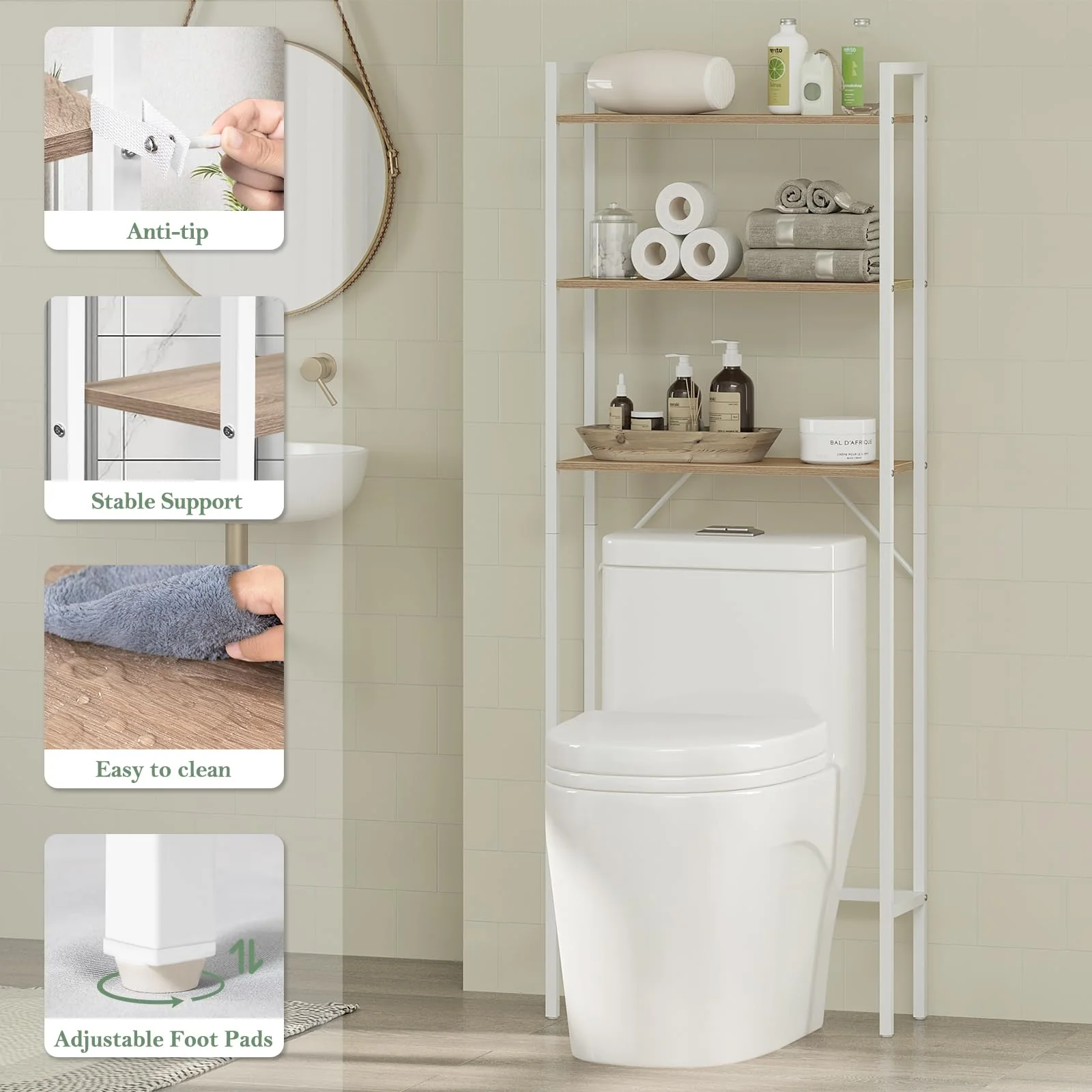 EUGAD Waschmaschinenregal, WC Regal über Waschmaschine Toilette, Waschmaschinenschrank Überbauschrank, Toilettenschrank, 3 Ablagen, Handtuchhalter, Metall Holzwerkstoff, 67x162x40 cm, Weiß - Image 3