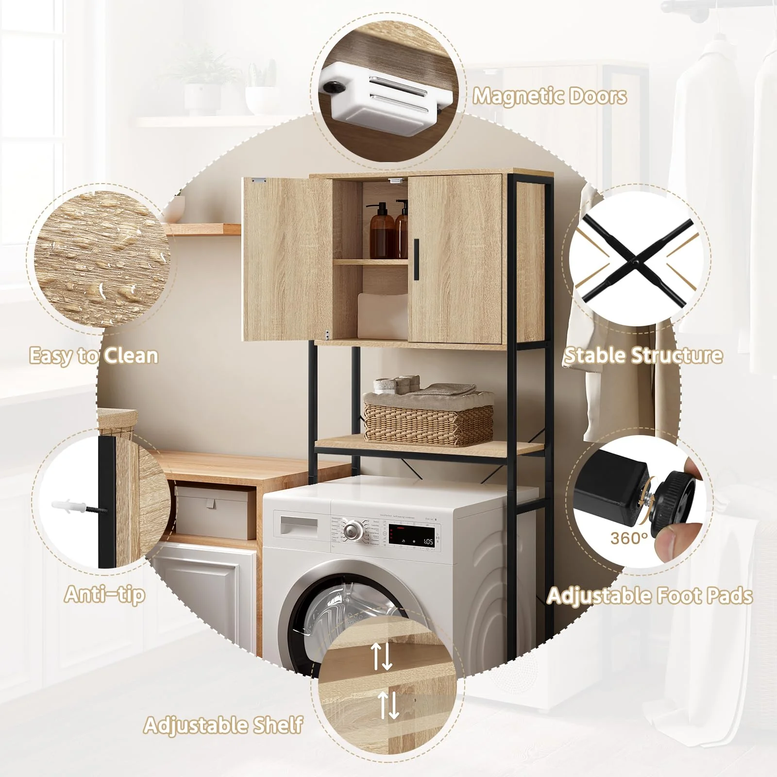 EUGAD Waschmaschinenschrank, Waschmaschinenregal Regal über Waschmaschine Toilette, Toilettenregal mit Schrank Verstellbarer Ablage, Badregal aus Holzwerkstoff Metall, 64,5x170x27 cm