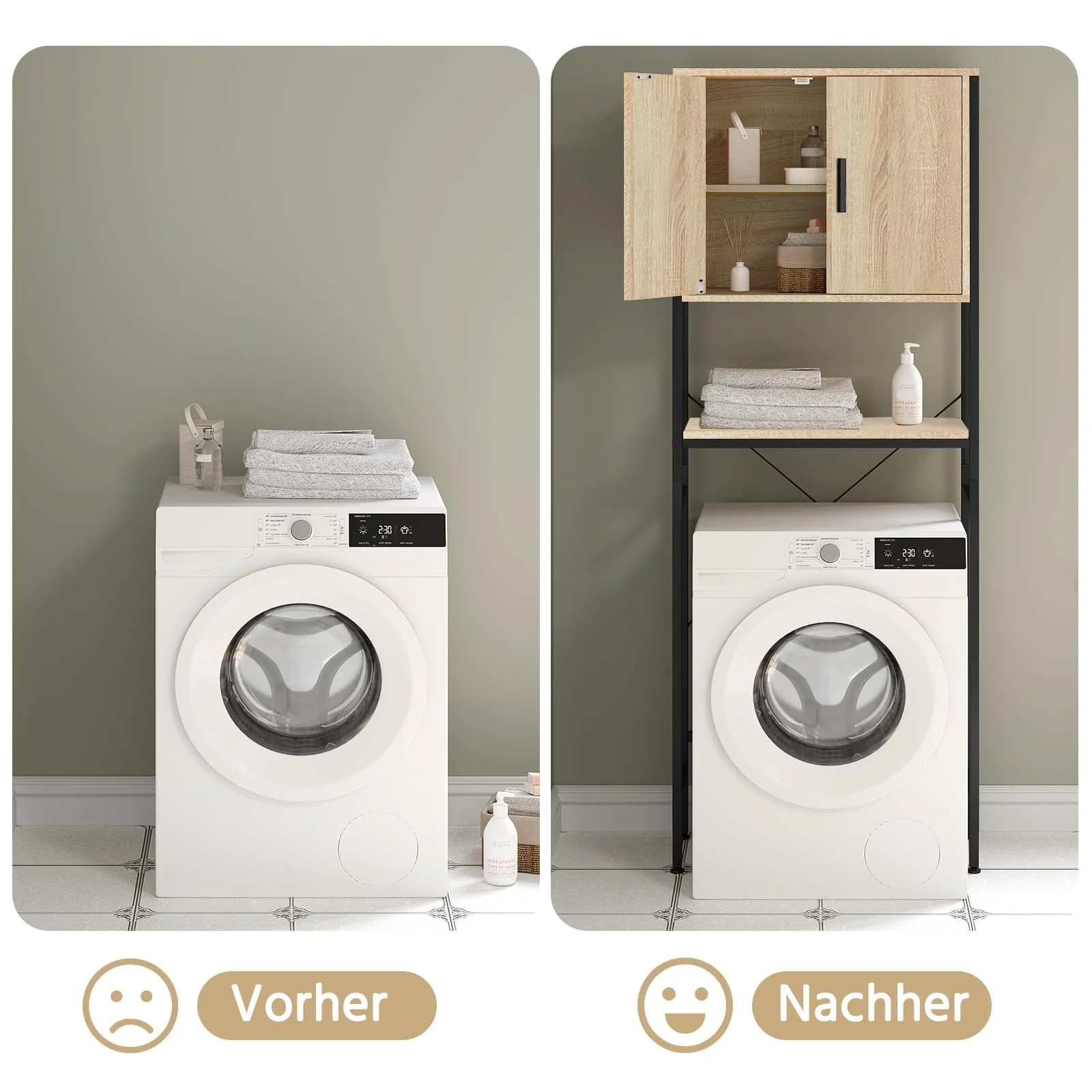 EUGAD Waschmaschinenschrank, Waschmaschinenregal Regal über Waschmaschine Toilette, Toilettenregal mit Schrank Verstellbarer Ablage, Badregal aus Holzwerkstoff Metall, 64,5x170x27 cm - Image 2