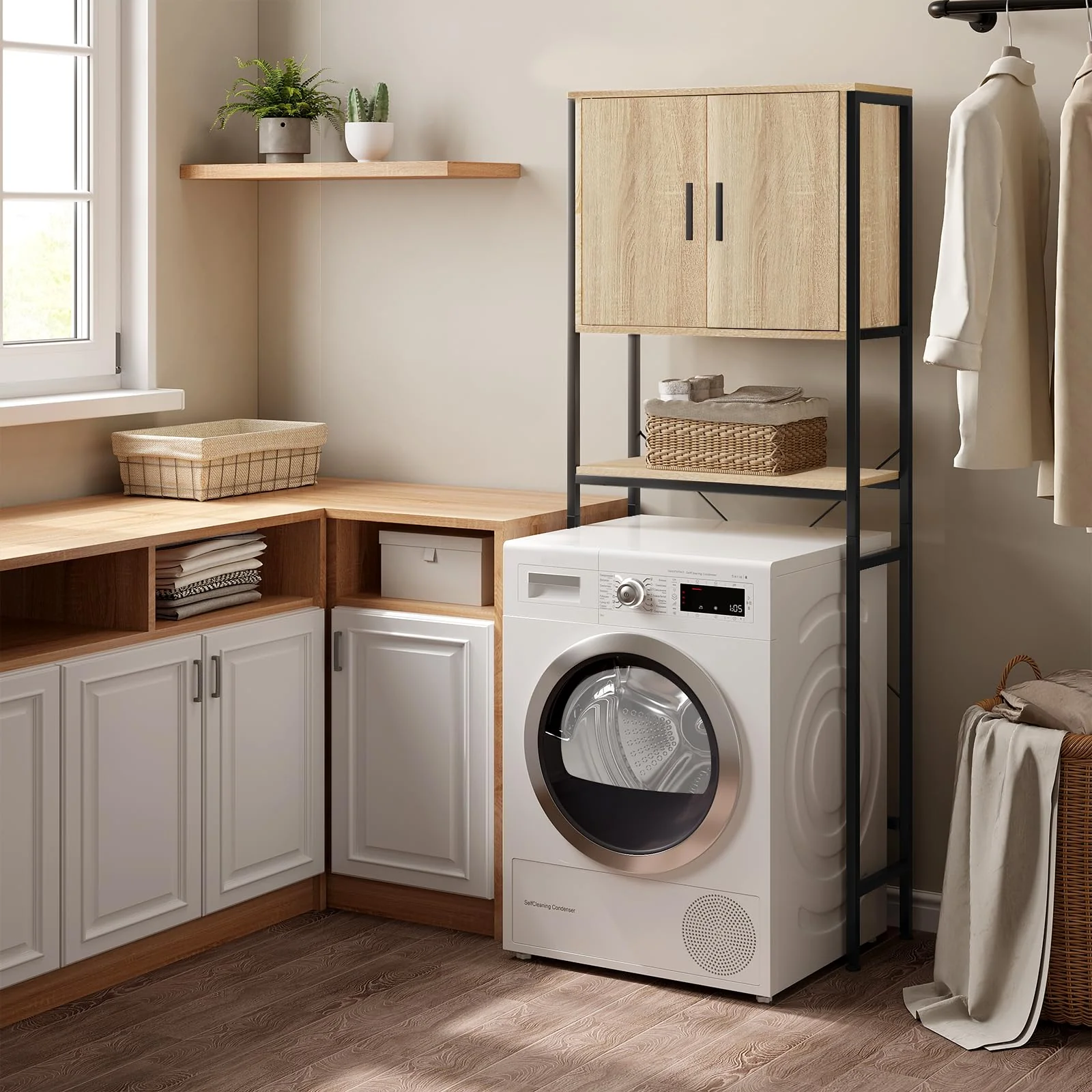 EUGAD Waschmaschinenschrank, Waschmaschinenregal Regal über Waschmaschine Toilette, Toilettenregal mit Schrank Verstellbarer Ablage, Badregal aus Holzwerkstoff Metall, 64,5x170x27 cm - Image 3