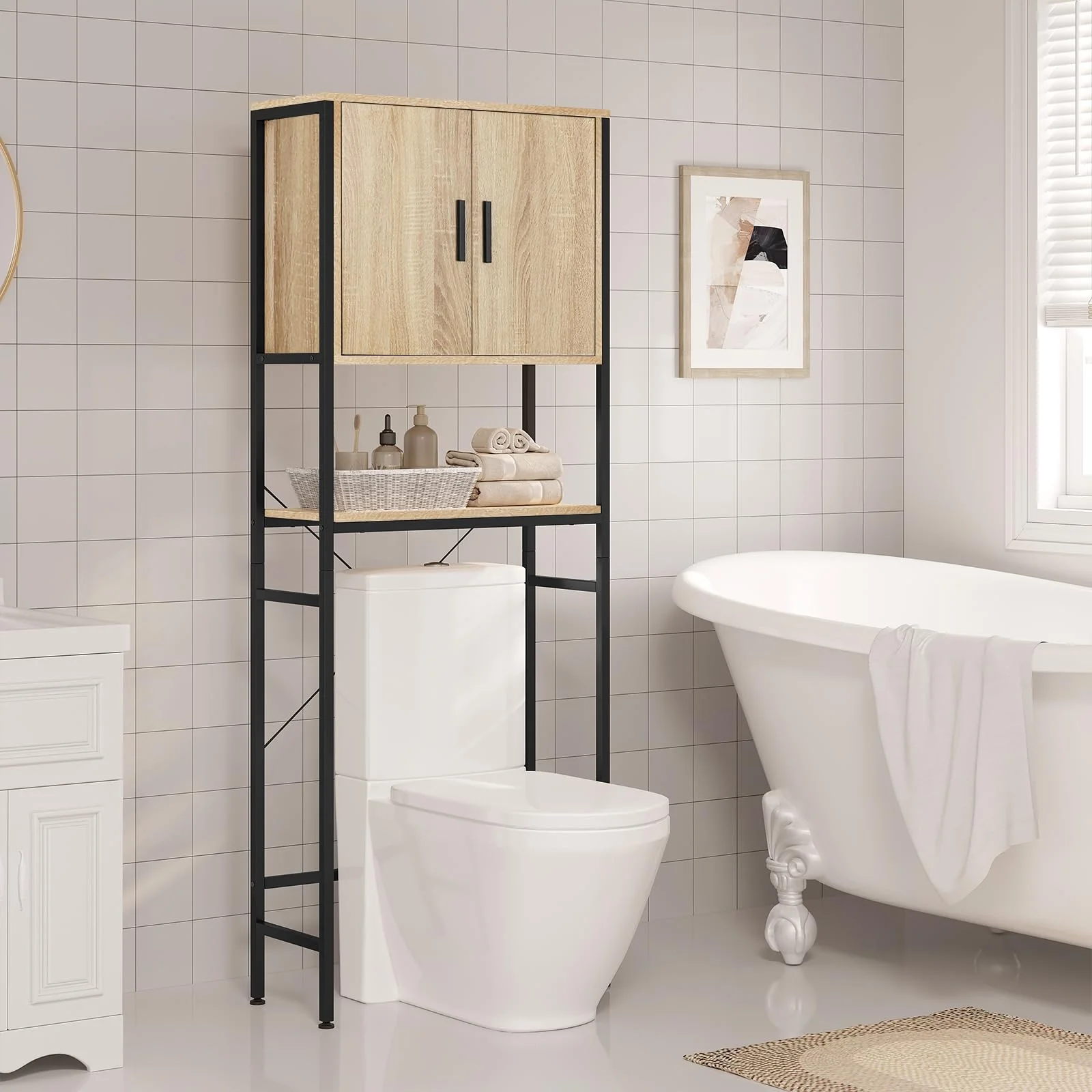 EUGAD Waschmaschinenschrank, Waschmaschinenregal Regal über Waschmaschine Toilette, Toilettenregal mit Schrank Verstellbarer Ablage, Badregal aus Holzwerkstoff Metall, 64,5x170x27 cm - Image 4