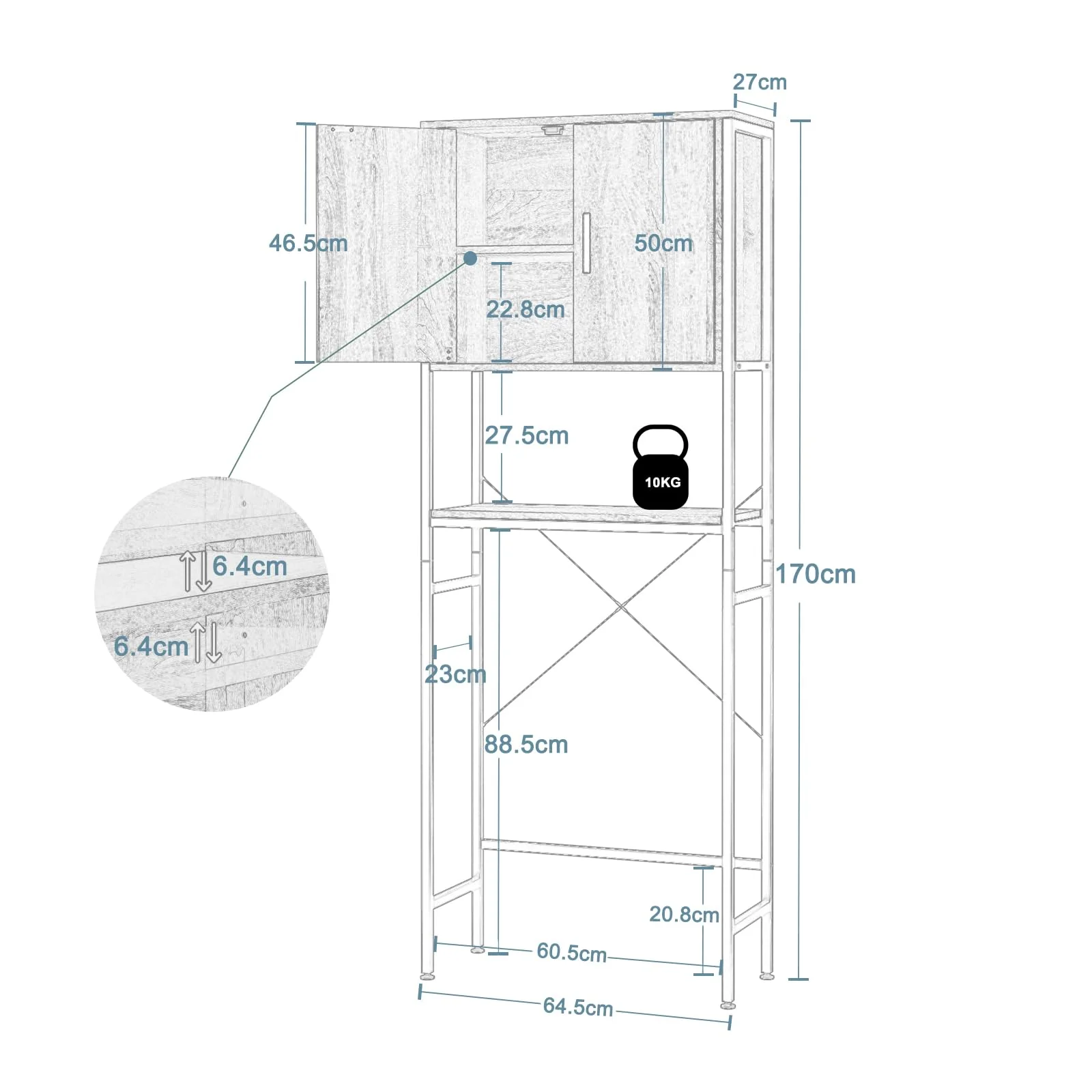 EUGAD Waschmaschinenschrank, Waschmaschinenregal Regal über Waschmaschine Toilette, Toilettenregal mit Schrank Verstellbarer Ablage, Badregal aus Holzwerkstoff Metall, 64,5x170x27 cm - Image 8