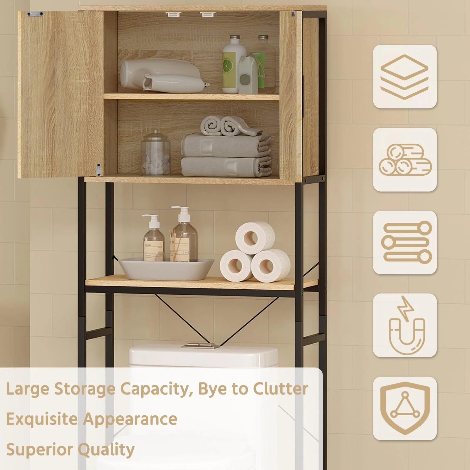 EUGAD Waschmaschinenschrank, Waschmaschinenregal Regal über Waschmaschine Toilette, Toilettenregal mit Schrank Verstellbarer Ablage, Badregal aus Holzwerkstoff Metall, 64,5x170x27 cm - Image 9