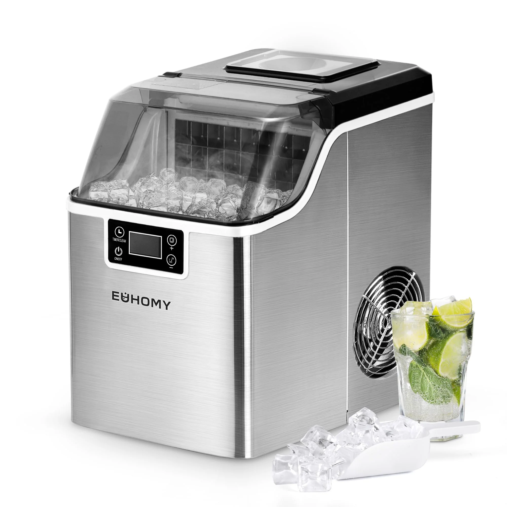 EUHOMY Eiswürfelmaschine Edelstahl, 24 Eiswürfel in 13 Minuten, 24kg/24H Eiswürfelmaschine gastro, selbstreinigender 3,2L Eisbereiter mit Eisschaufel und Korb für Zuhause/Küche/Büro/Bar/RV - Image 7