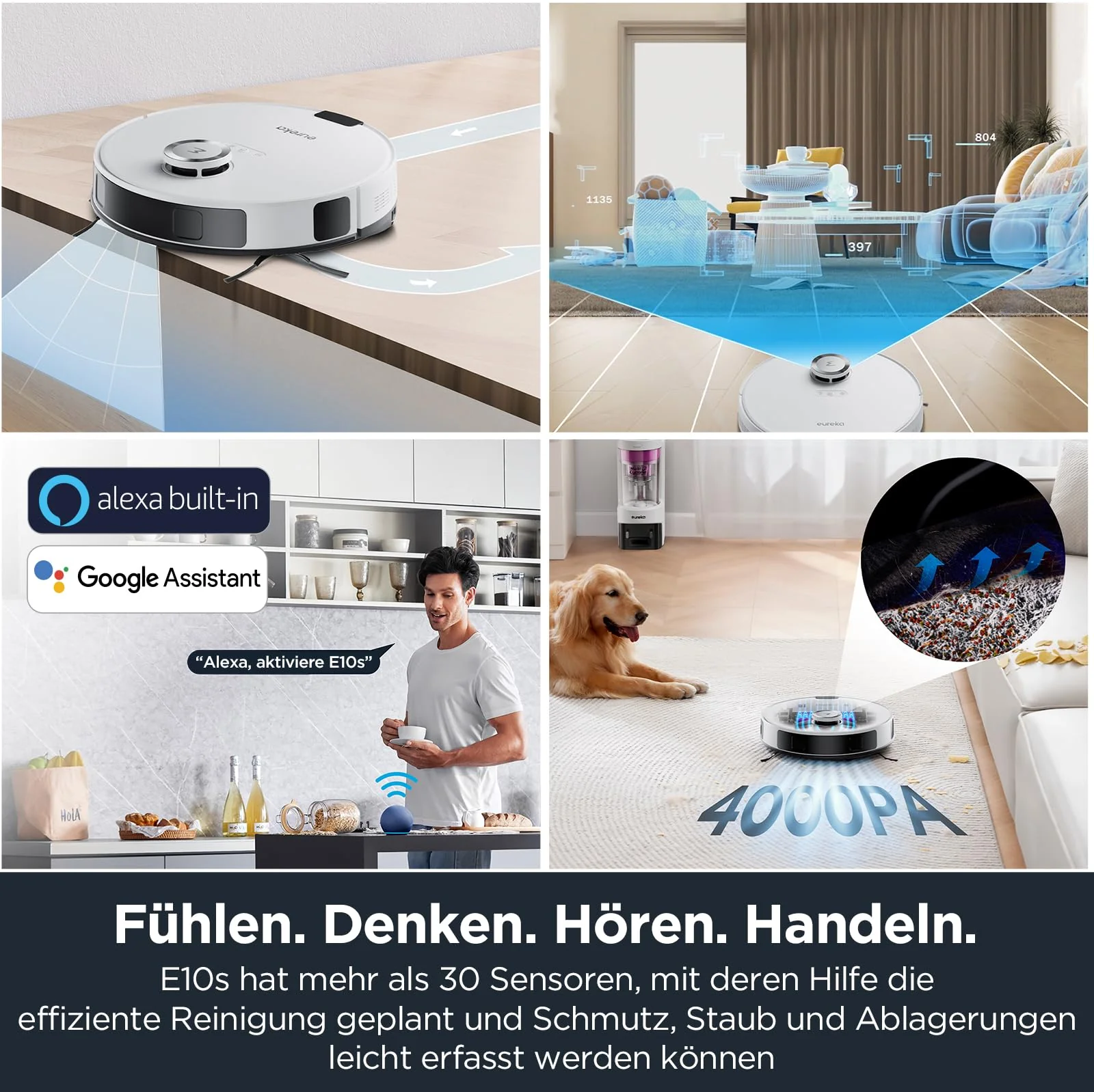 EUREKA E10s DE Saug- & Wischroboter + beutelloser Multi-Zyklon-Absaugstation (4000Pa, Auto Teppicherkennung & Auto Mop Lifting, LiDAR-Navigation, ideal gegen Tierhaare, App- & Sprachsteuerung) weiß - Image 5