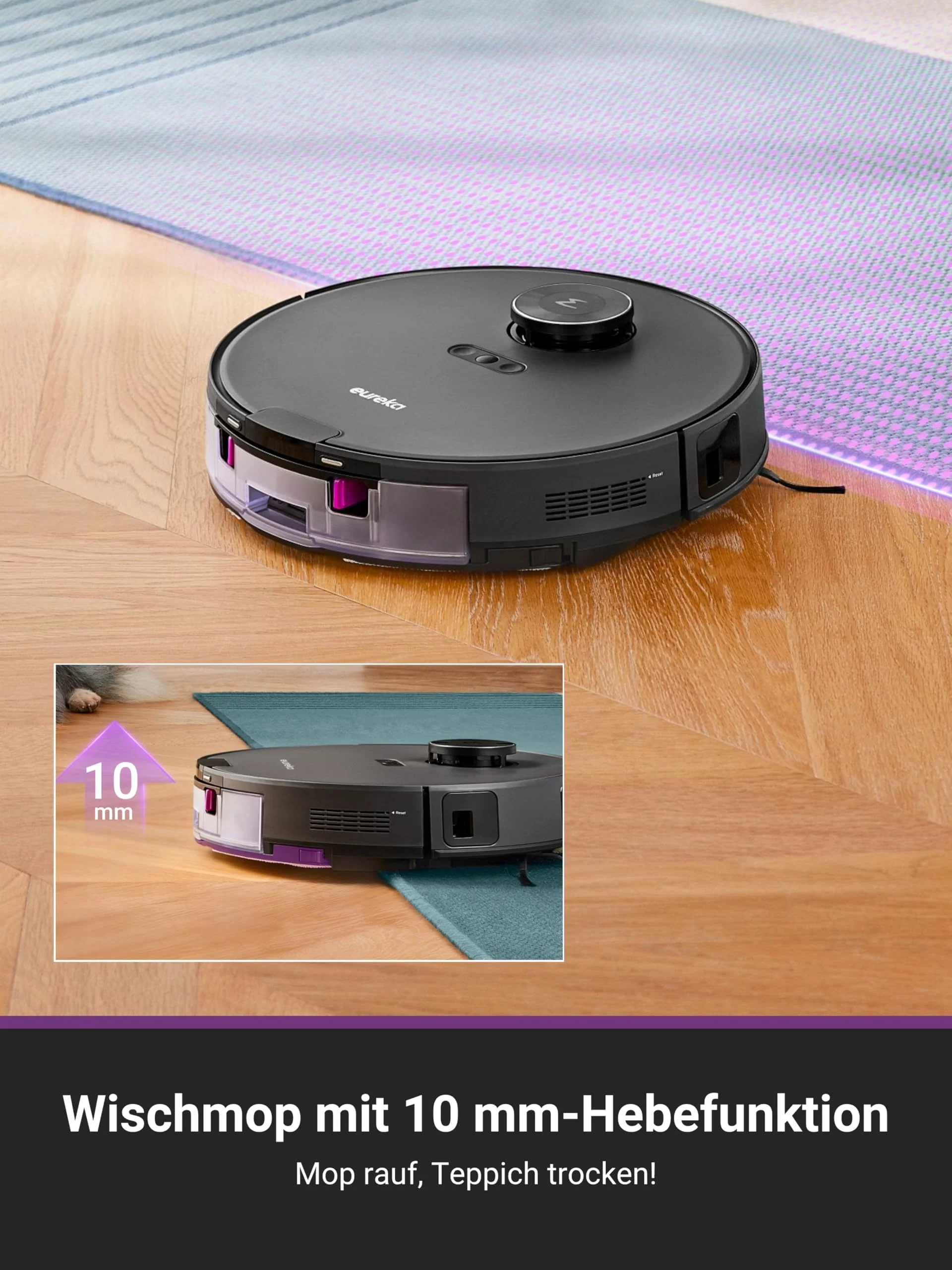 EUREKA E20 Plus Saug- & Wischroboter + beutelloser Multi-Zyklon Absaugstation (Duo-KI-3D-Hindernisvermeidung & Night Vison, 8000Pa, bis zu 300m2, Anti-Haarverhedderung, App- & Sprachsteuerung) schwarz - Image 14