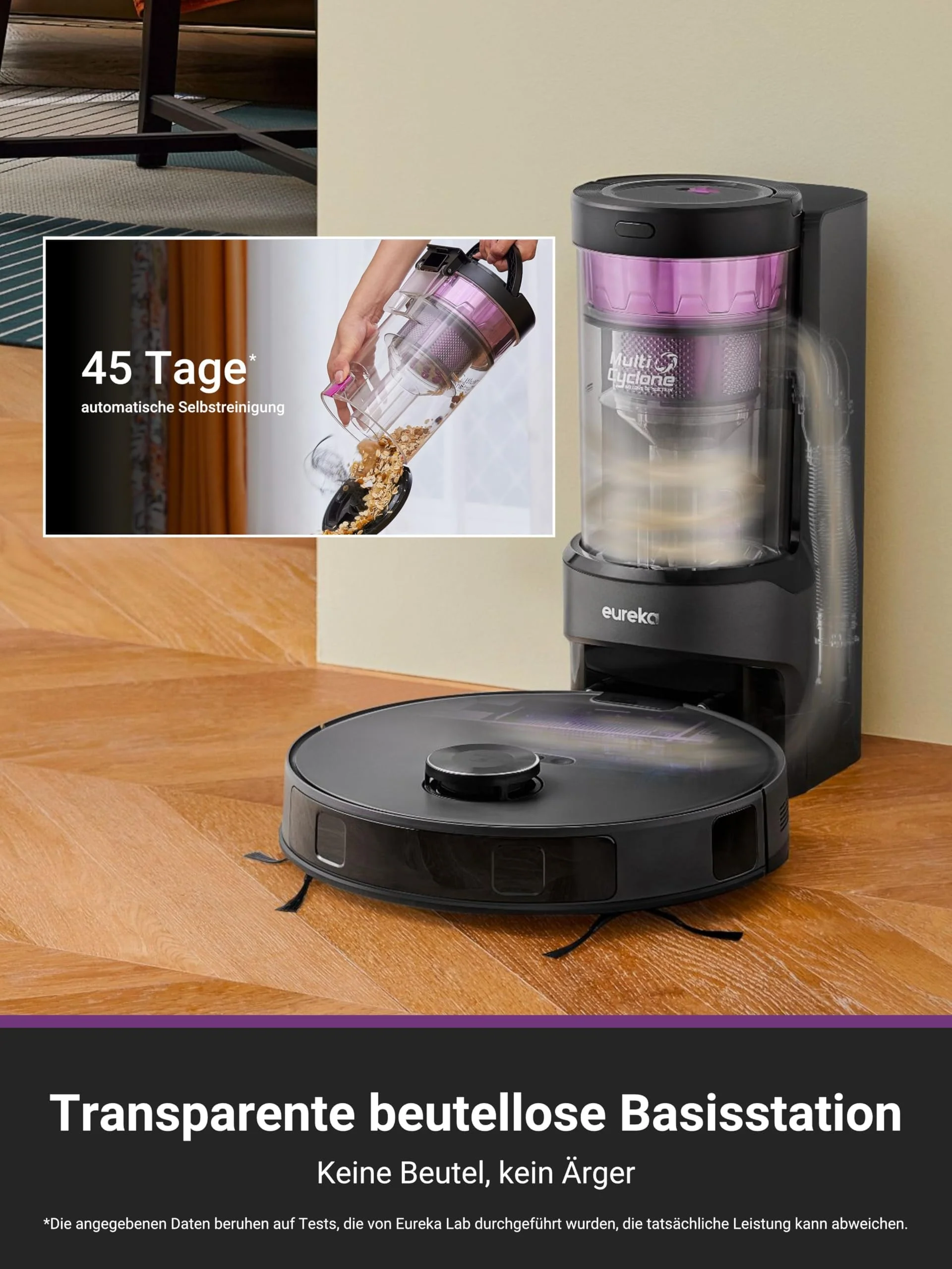 EUREKA E20 Plus Saug- & Wischroboter + beutelloser Multi-Zyklon Absaugstation (Duo-KI-3D-Hindernisvermeidung & Night Vison, 8000Pa, bis zu 300m2, Anti-Haarverhedderung, App- & Sprachsteuerung) schwarz - Image 5