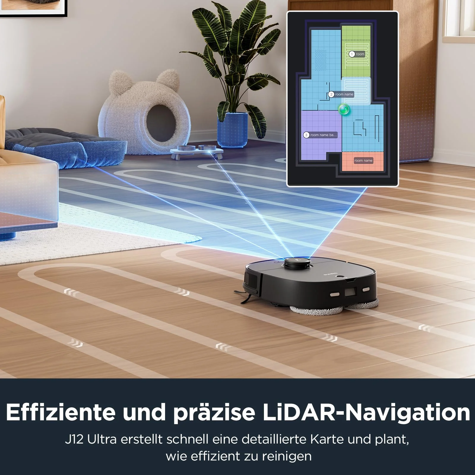 EUREKA J12 Ultra DE Saug- & Wischroboter + All-in-One Station (KI-3D-Hinderniserkennung, intelligente Haustierumgehung, Auto Teppicherkennung, ideal gegen Tierhaare, App- & Sprachsteuerung) schwarz - Image 3
